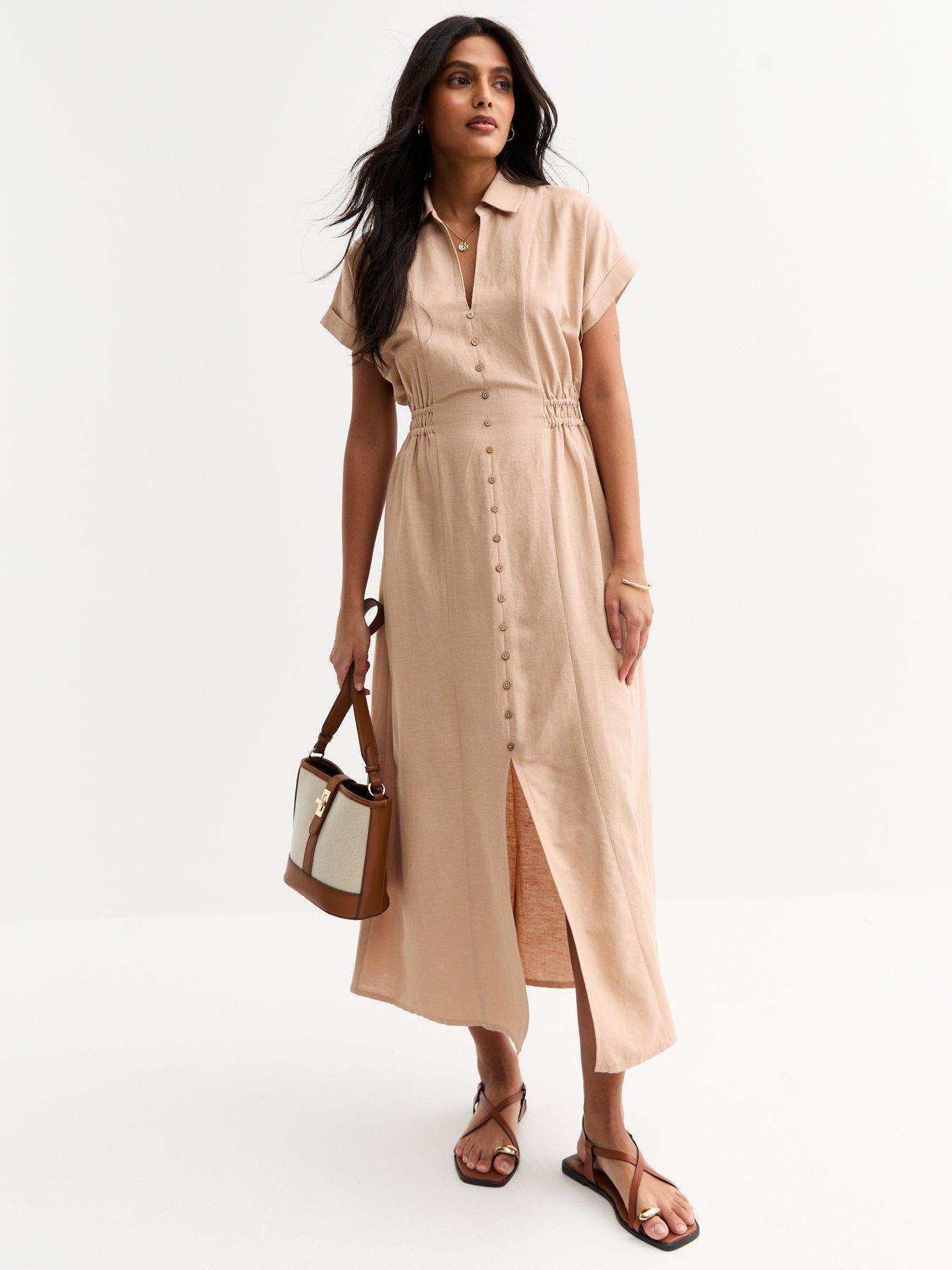 Image 1 of 5 of New Look Camel Shirred Waist Midi Shirt Dress
