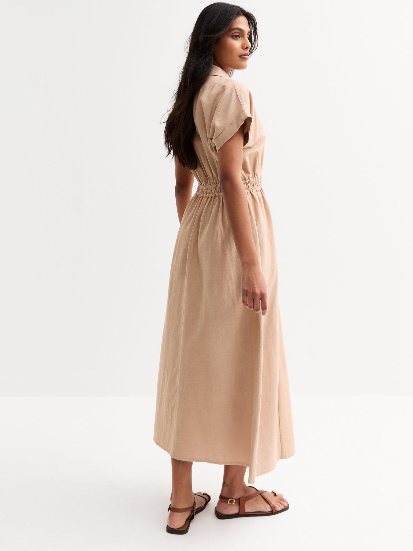Image 2 of 5 of New Look Camel Shirred Waist Midi Shirt Dress