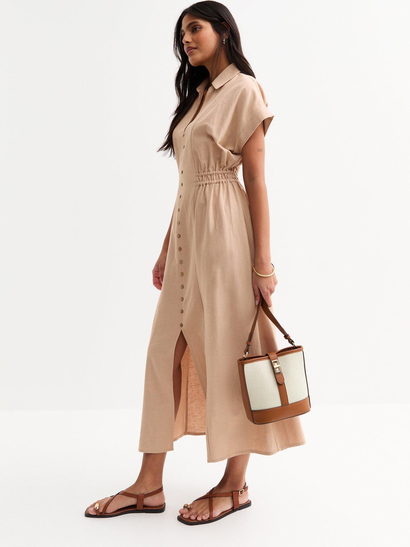 Image 3 of 5 of New Look Camel Shirred Waist Midi Shirt Dress