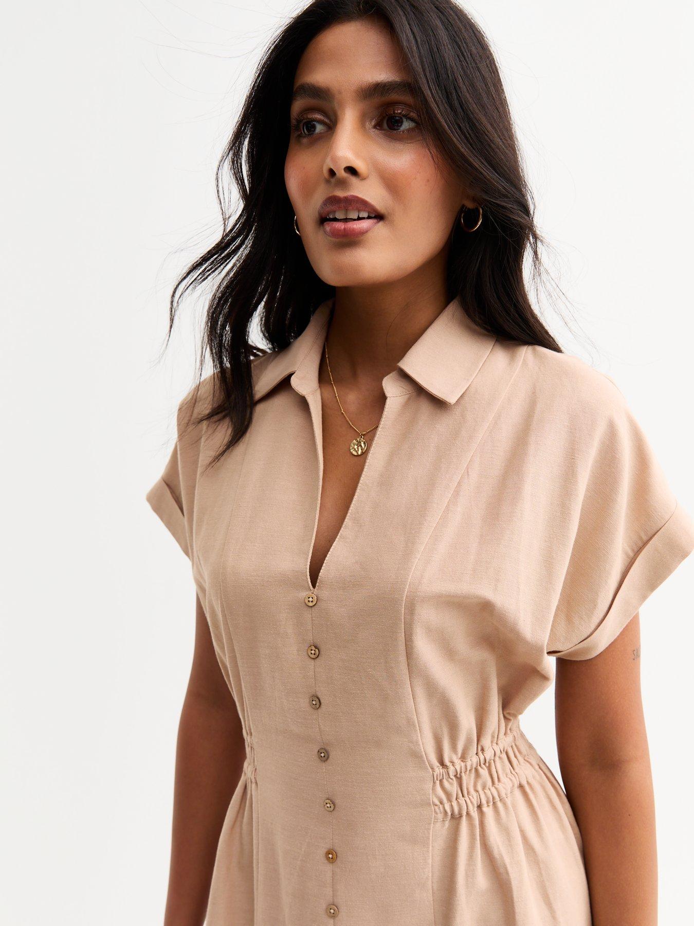 Image 4 of 5 of New Look Camel Shirred Waist Midi Shirt Dress