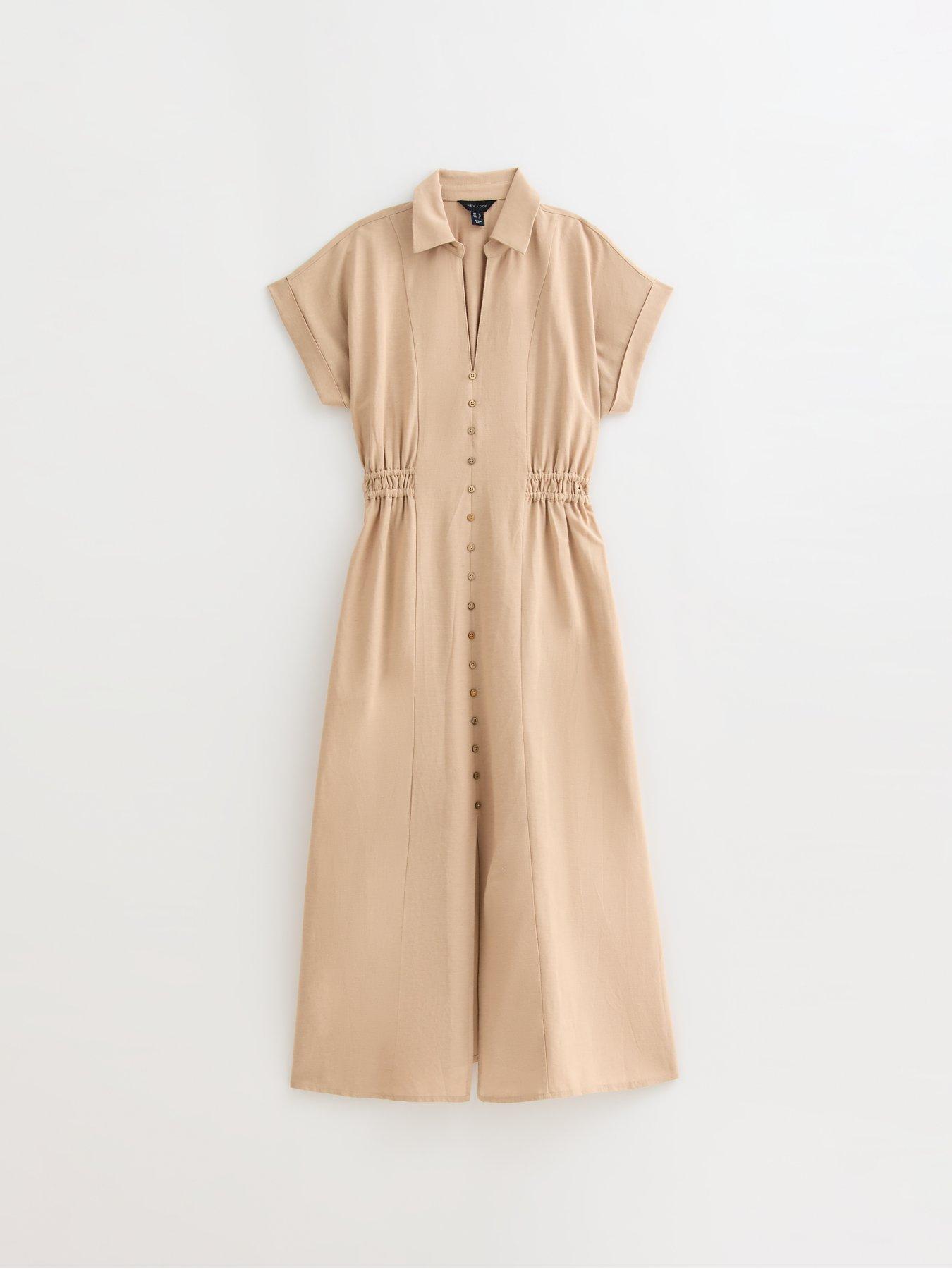 Image 5 of 5 of New Look Camel Shirred Waist Midi Shirt Dress