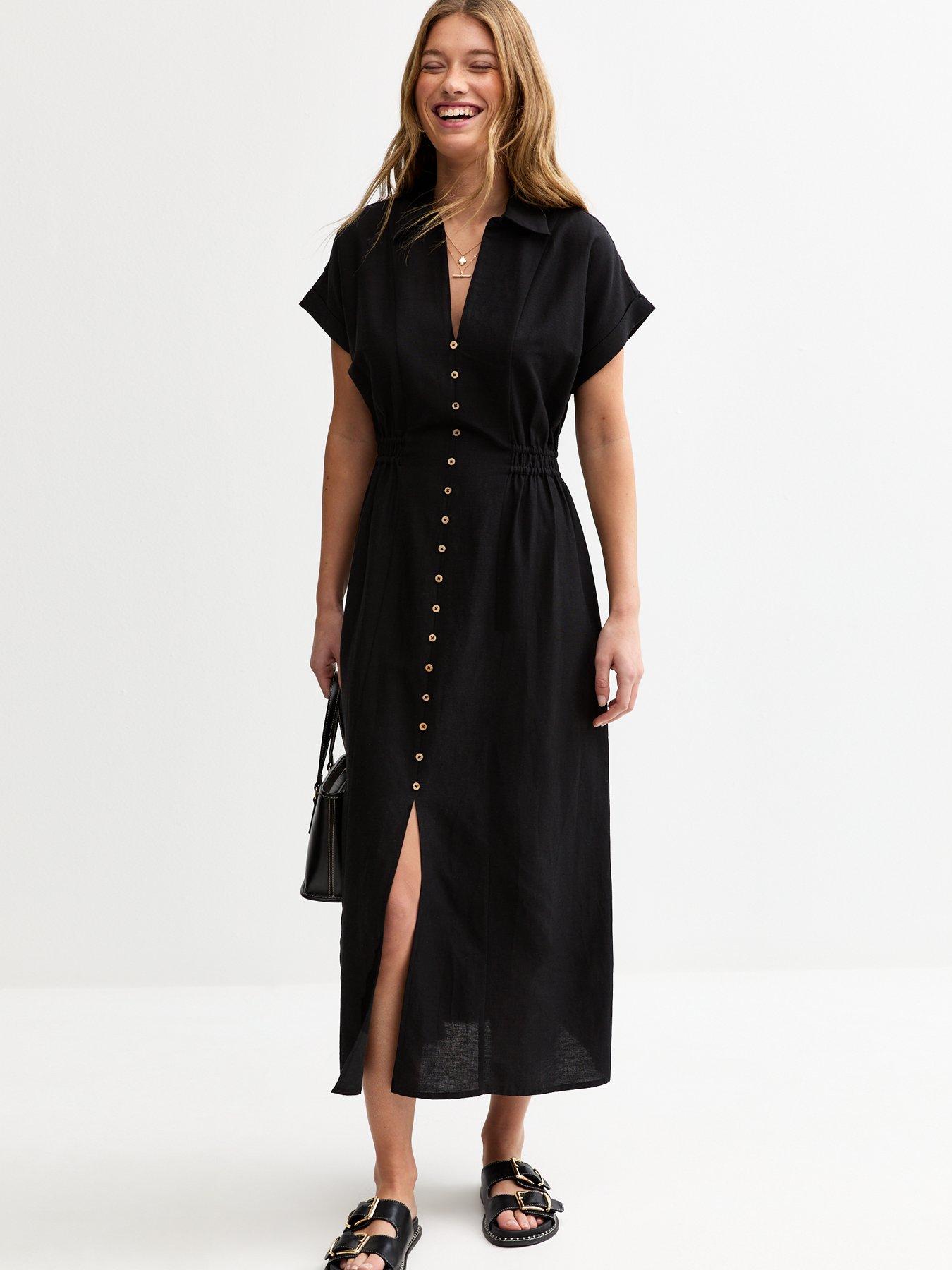undefined Black Linen-look Shirred Waist Midi Shirt Dress