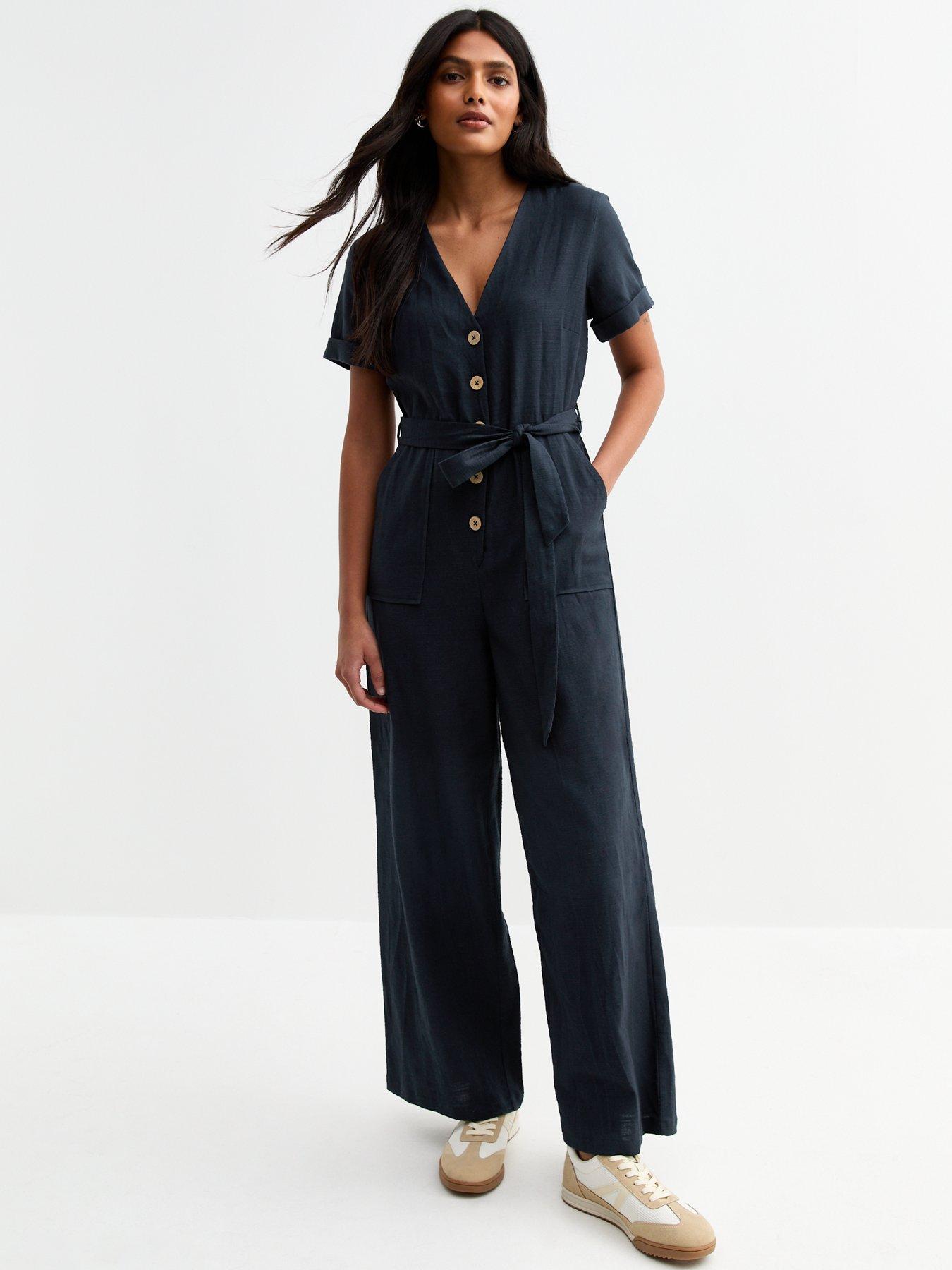 Image 1 of 5 of New Look Navy V Neck Button Front Jumpsuit