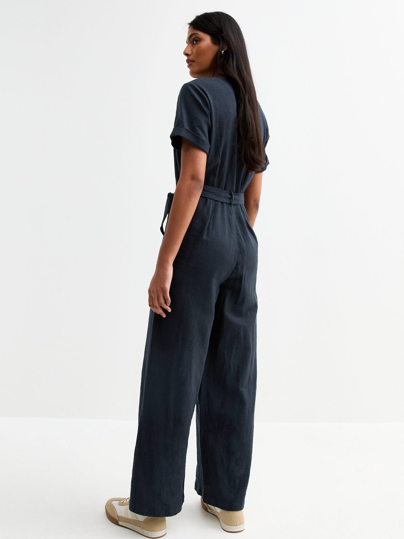 Image 2 of 5 of New Look Navy V Neck Button Front Jumpsuit