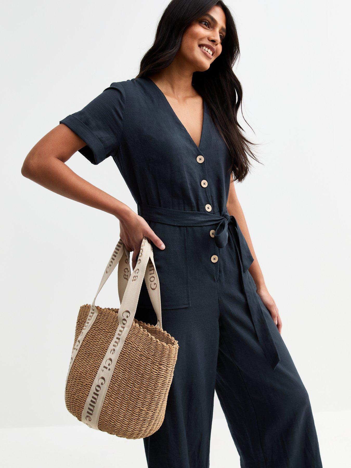 Image 3 of 5 of New Look Navy V Neck Button Front Jumpsuit