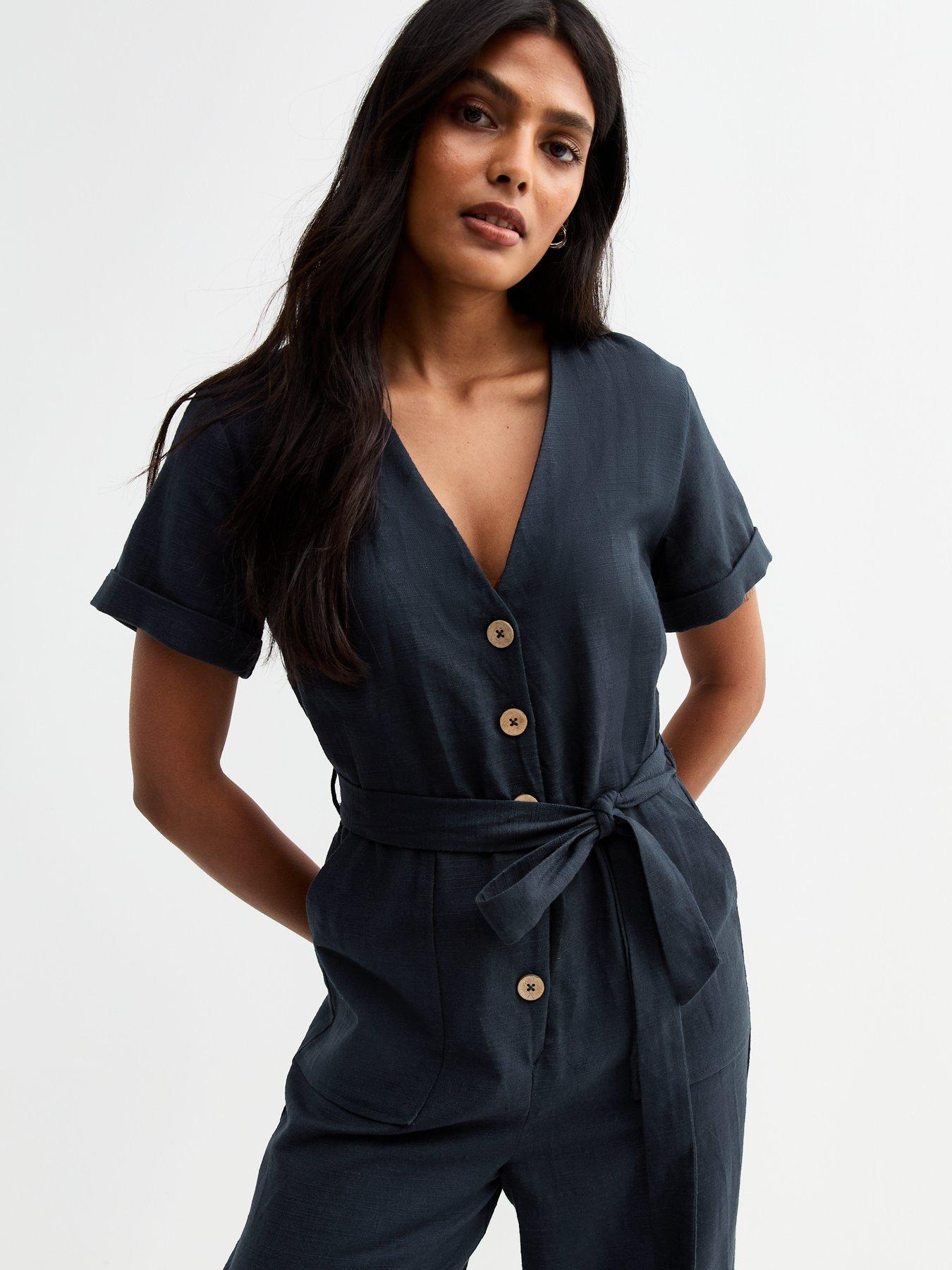 Image 4 of 5 of New Look Navy V Neck Button Front Jumpsuit