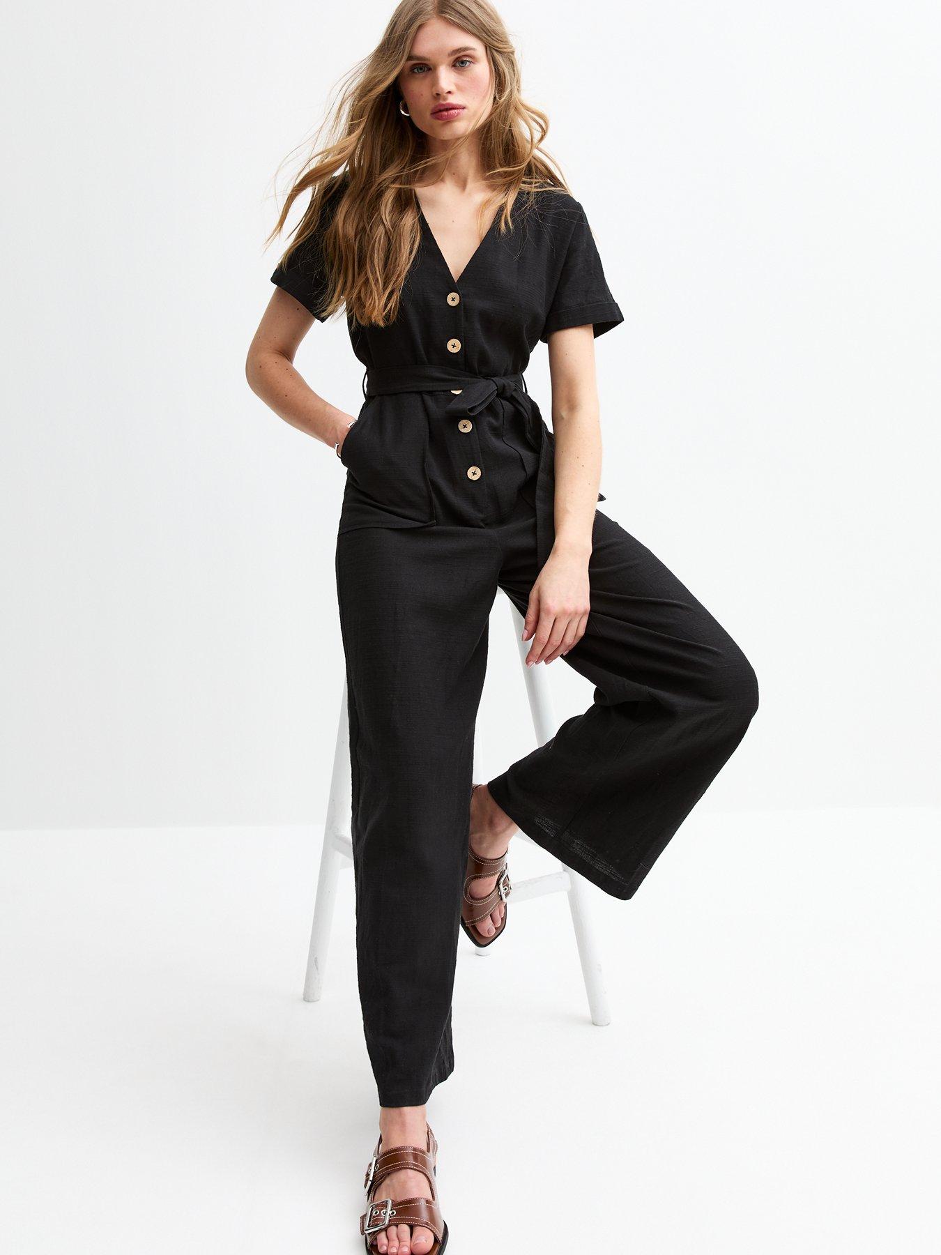 undefined Black V-neck Button Front Jumpsuit