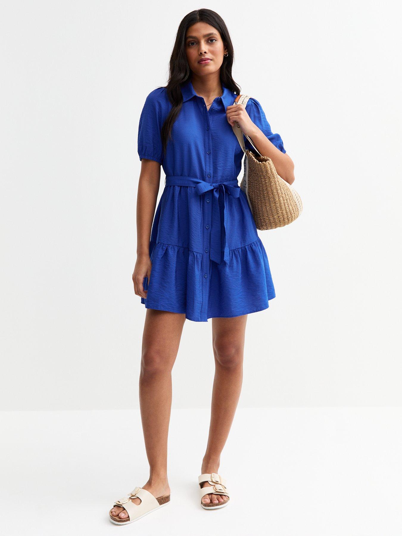 undefined Blue Textured Belted Tiered Shirt Dress