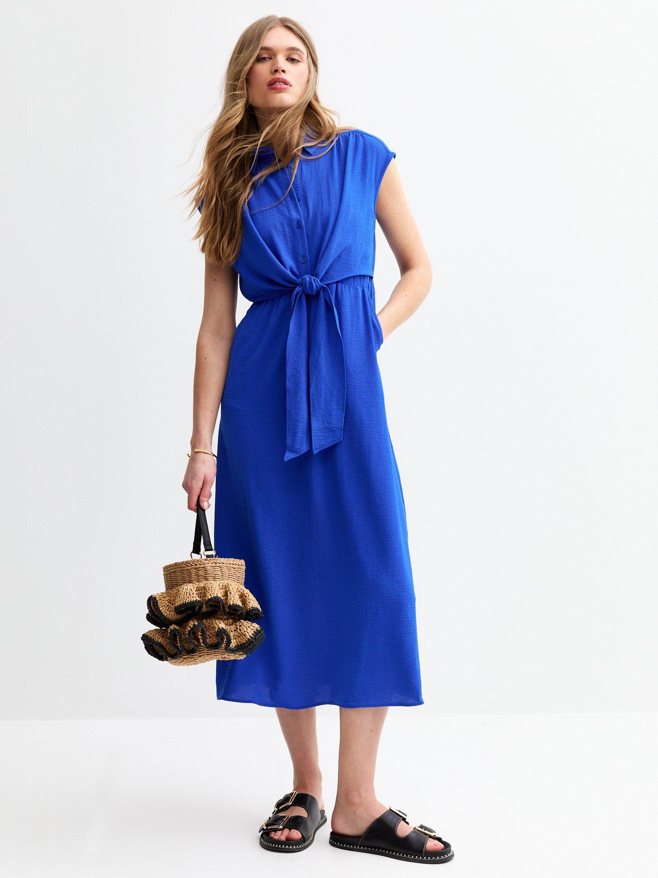 undefined Bright Blue Crinkle Texture Tie Front Midi Shirt Dress