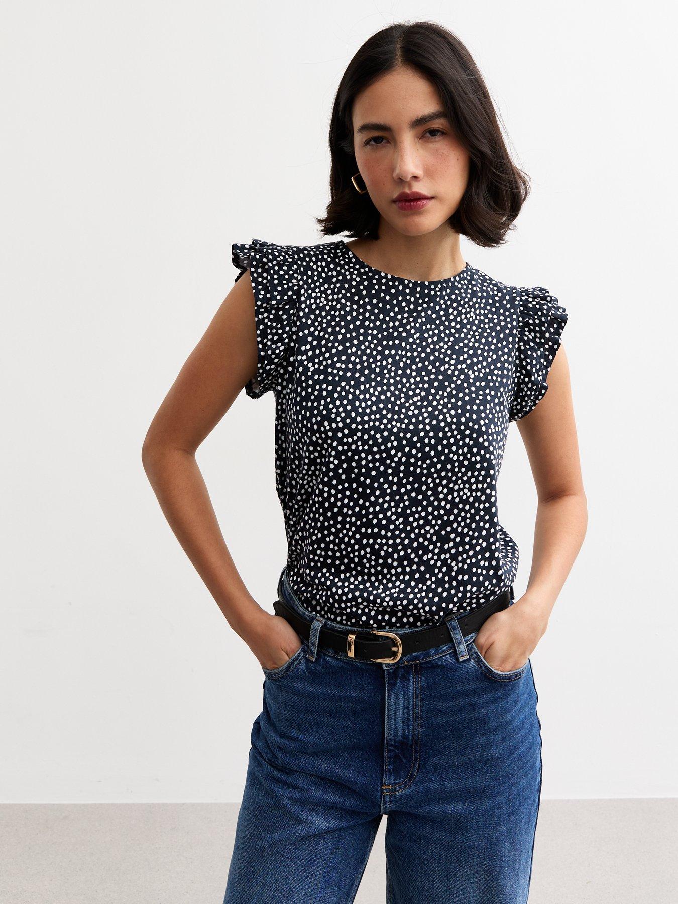 undefined Blue Spot Print Frill Sleeve Top