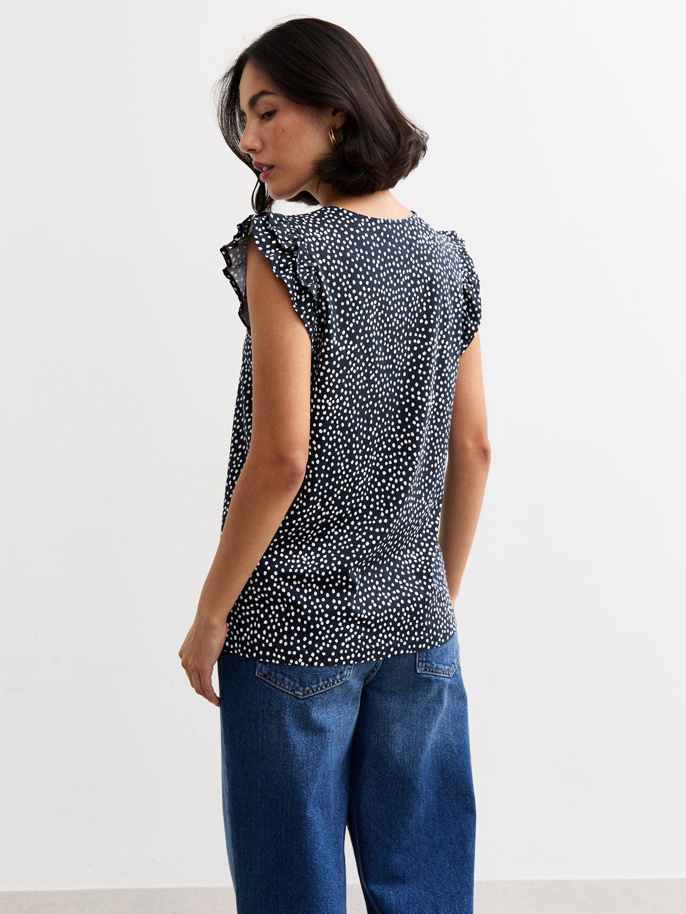 Image 2 of 4 of New Look Blue Spot Print Frill Sleeve Top - Blue