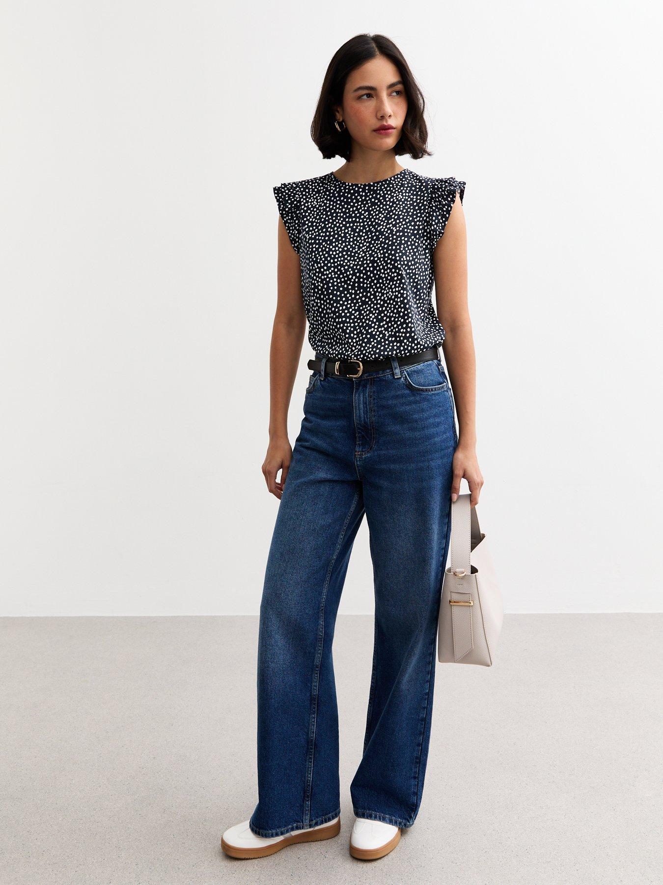 Image 3 of 4 of New Look Blue Spot Print Frill Sleeve Top - Blue