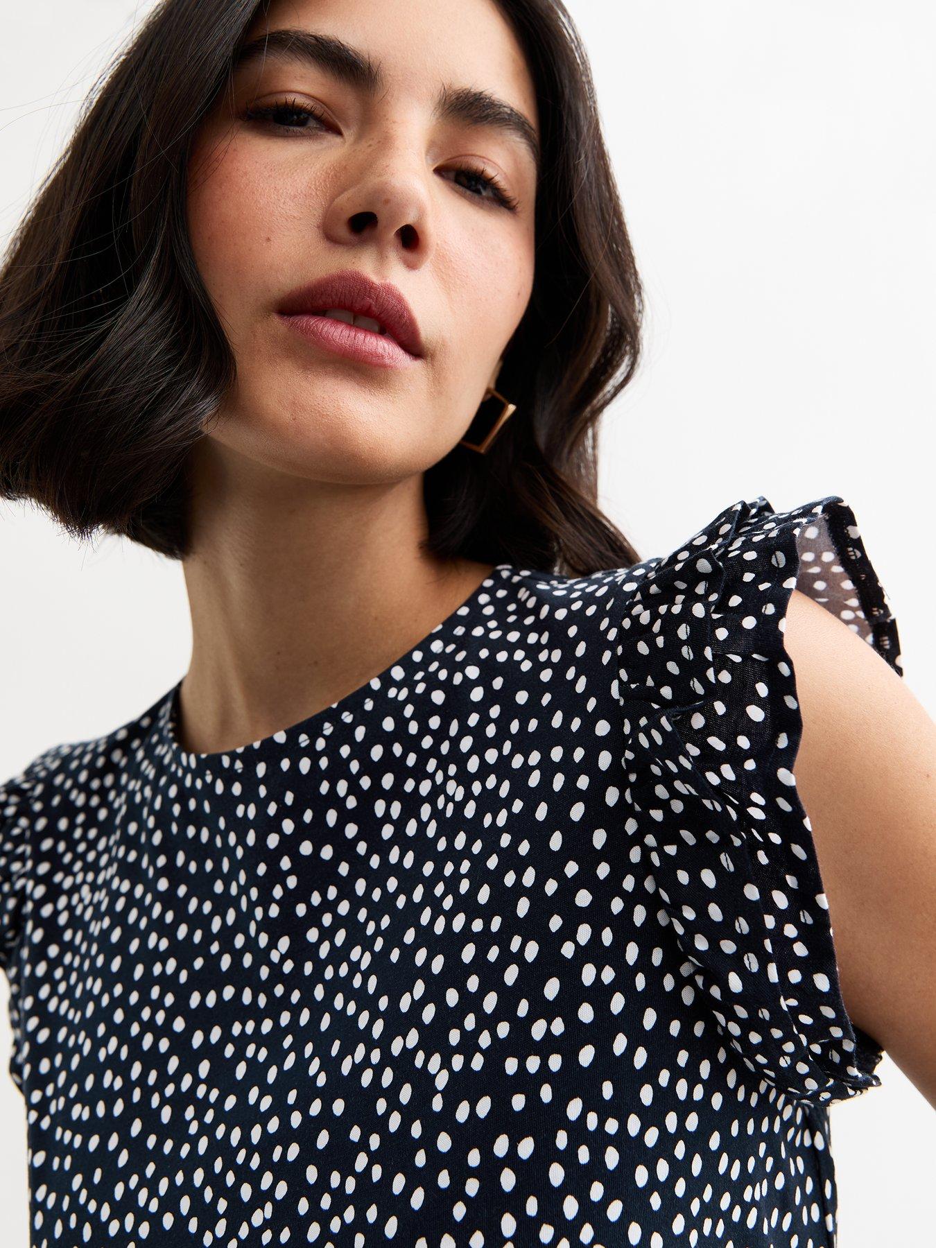 Image 4 of 4 of New Look Blue Spot Print Frill Sleeve Top - Blue