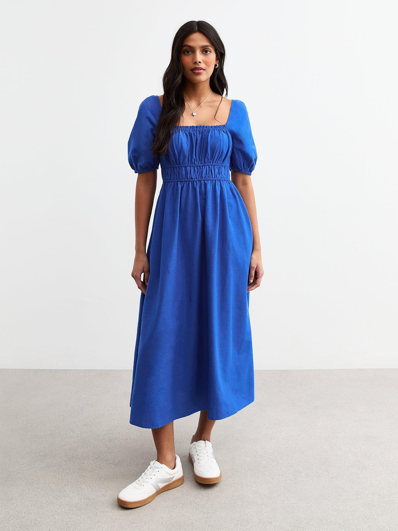 undefined Blue Puff Sleeve Midi Dress