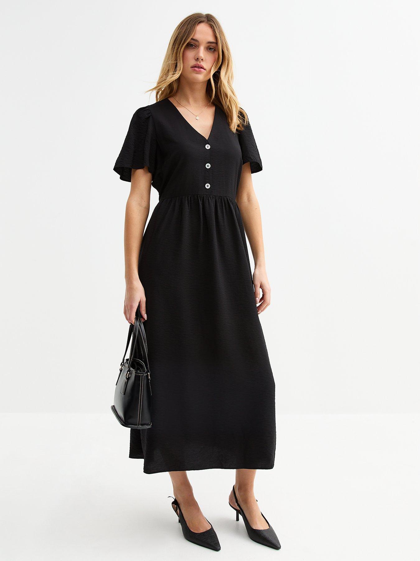 undefined Black Flutter Sleeve Button Front Midi Dress