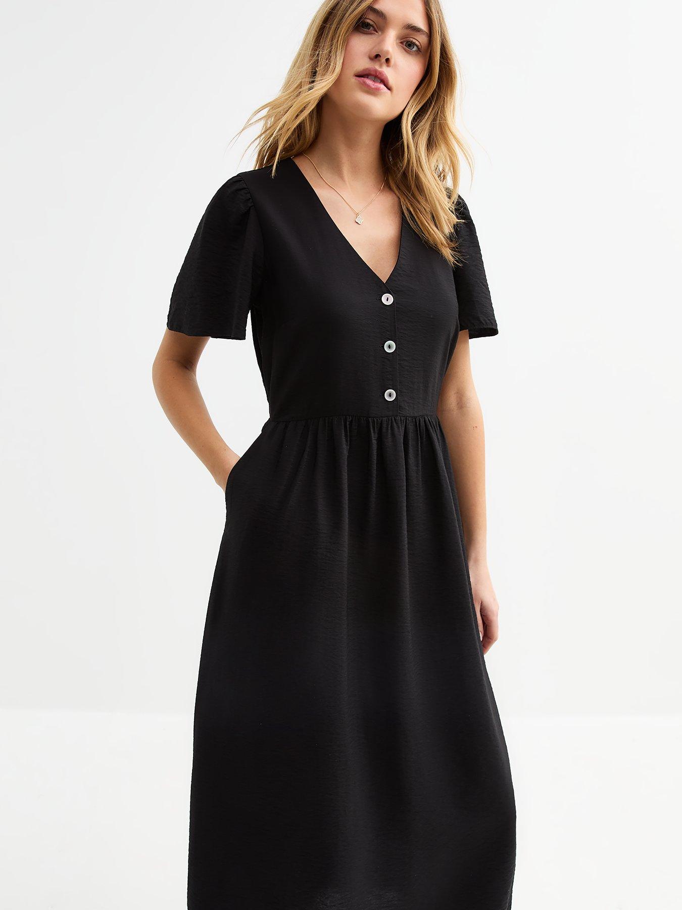 Image 3 of 5 of New Look Flutter Sleeve Button Front Midi Dress - Black