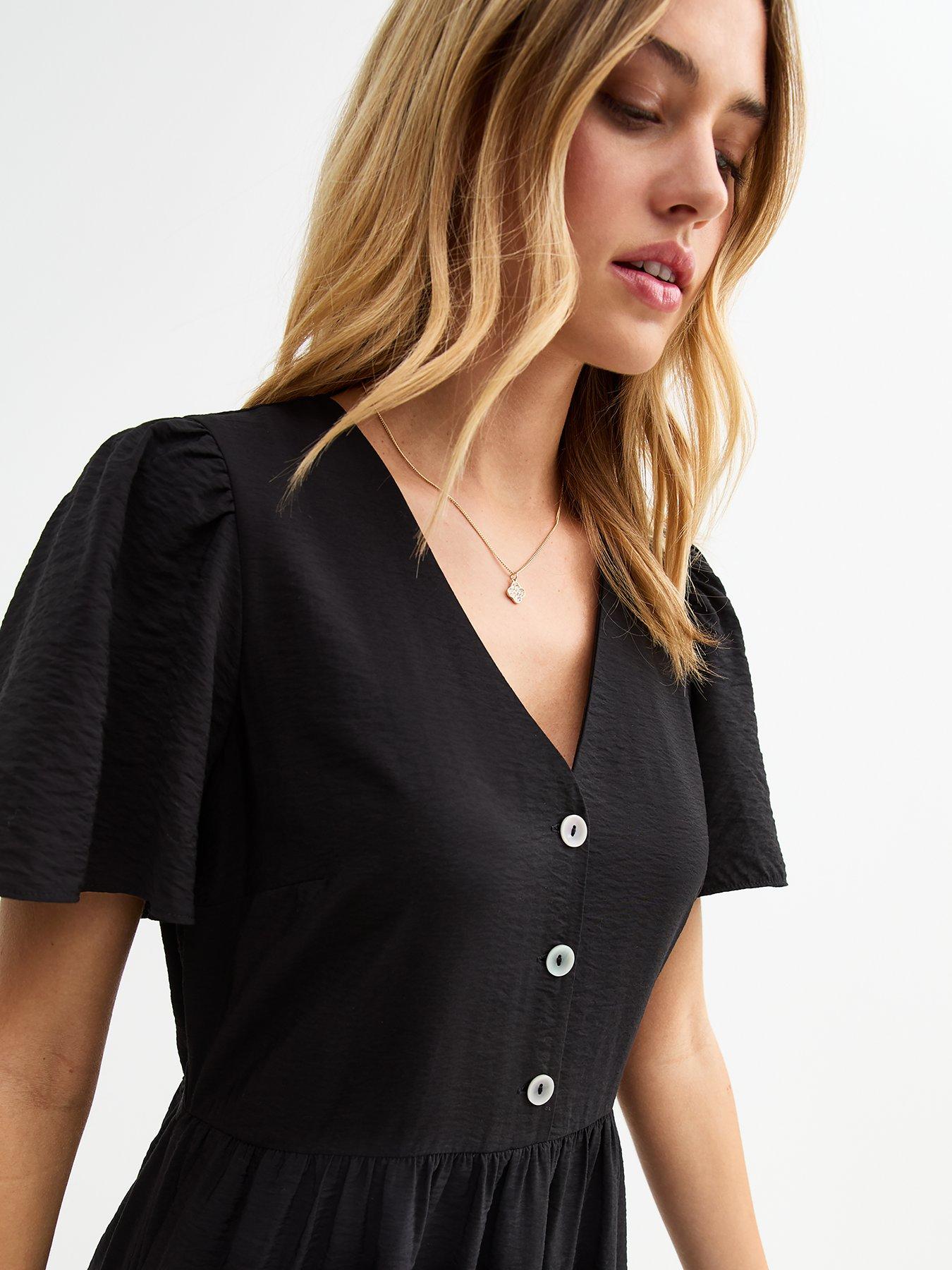 Image 4 of 5 of New Look Flutter Sleeve Button Front Midi Dress - Black