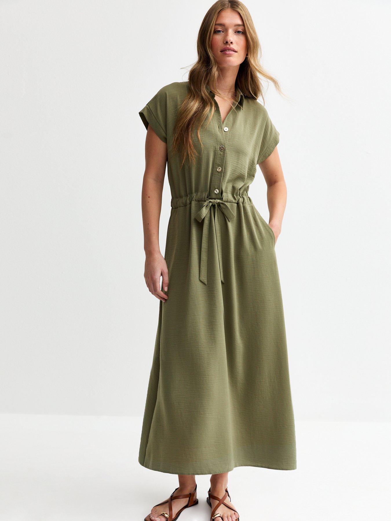 undefined Khaki Drawstring Waist Textured Midi Dress