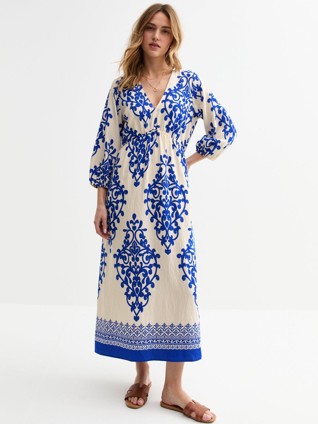 undefined Off White Paisley Print V-neck Smock Midi Dress