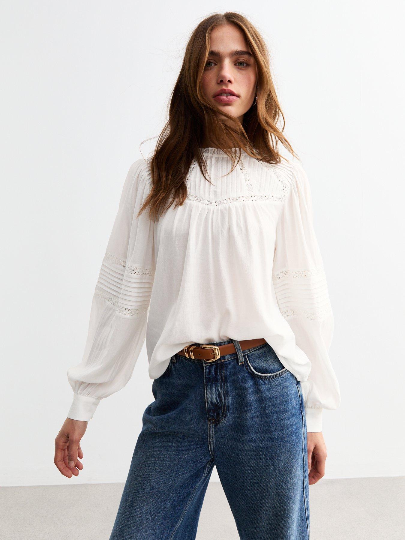 undefined White Lace Insert Chiffon Top