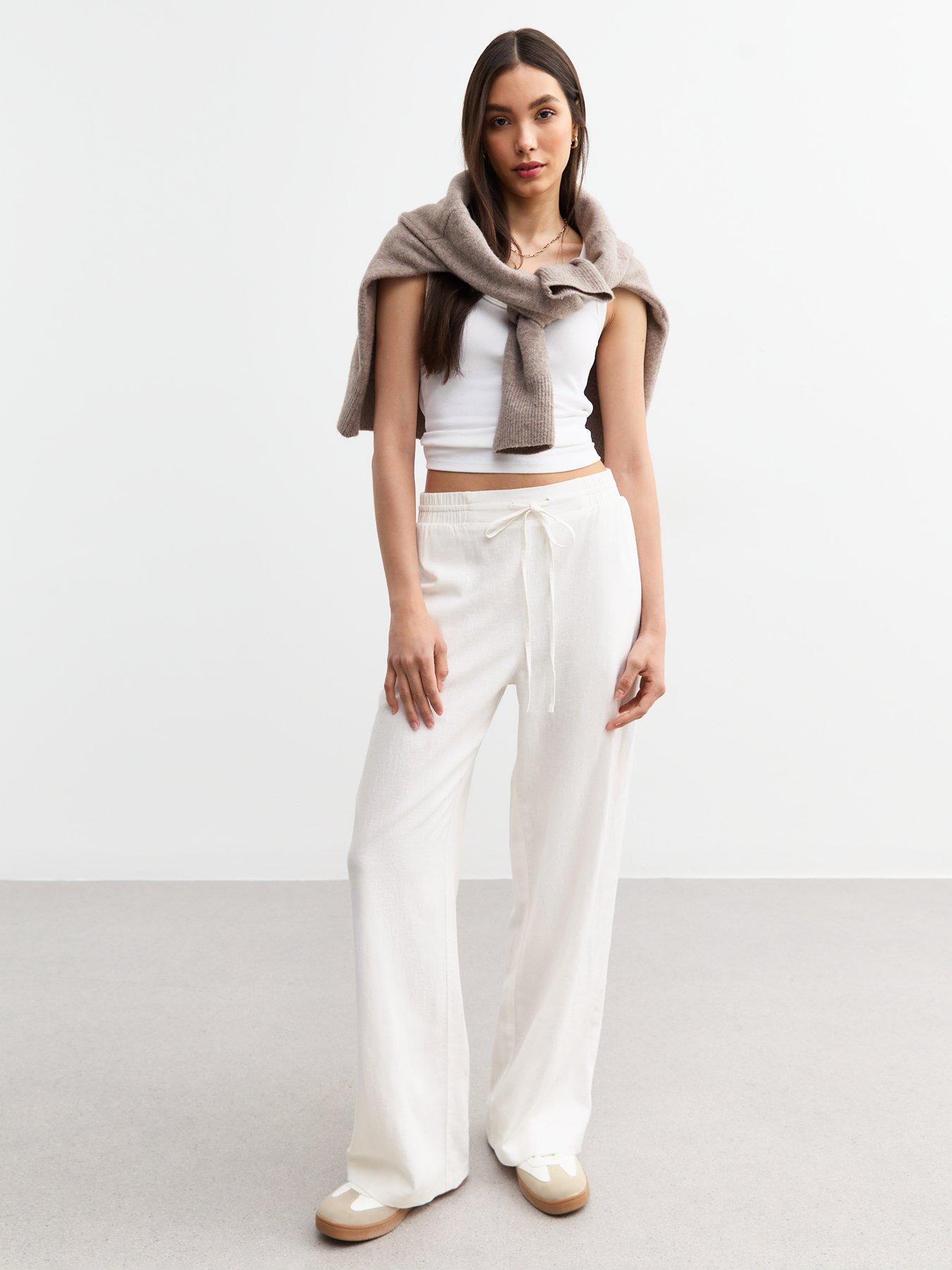undefined White Linen Blend Drawstring Waist Trousers