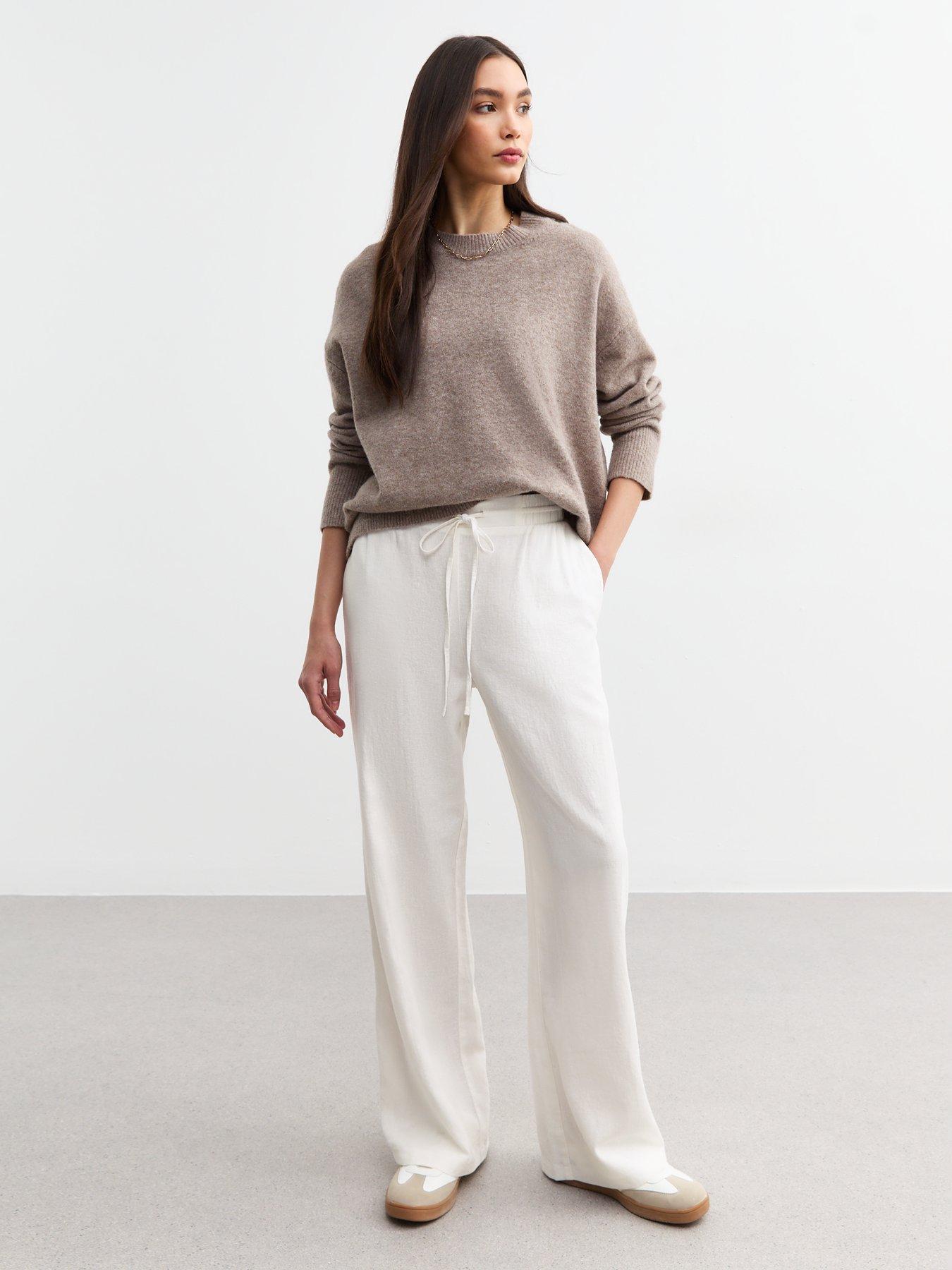 Image 5 of 6 of New Look White Linen Blend Drawstring Waist Trousers