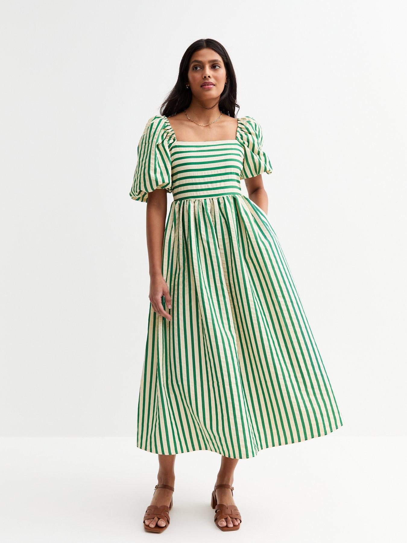 undefined Green Striped Puffed Sleeve Midi Dress