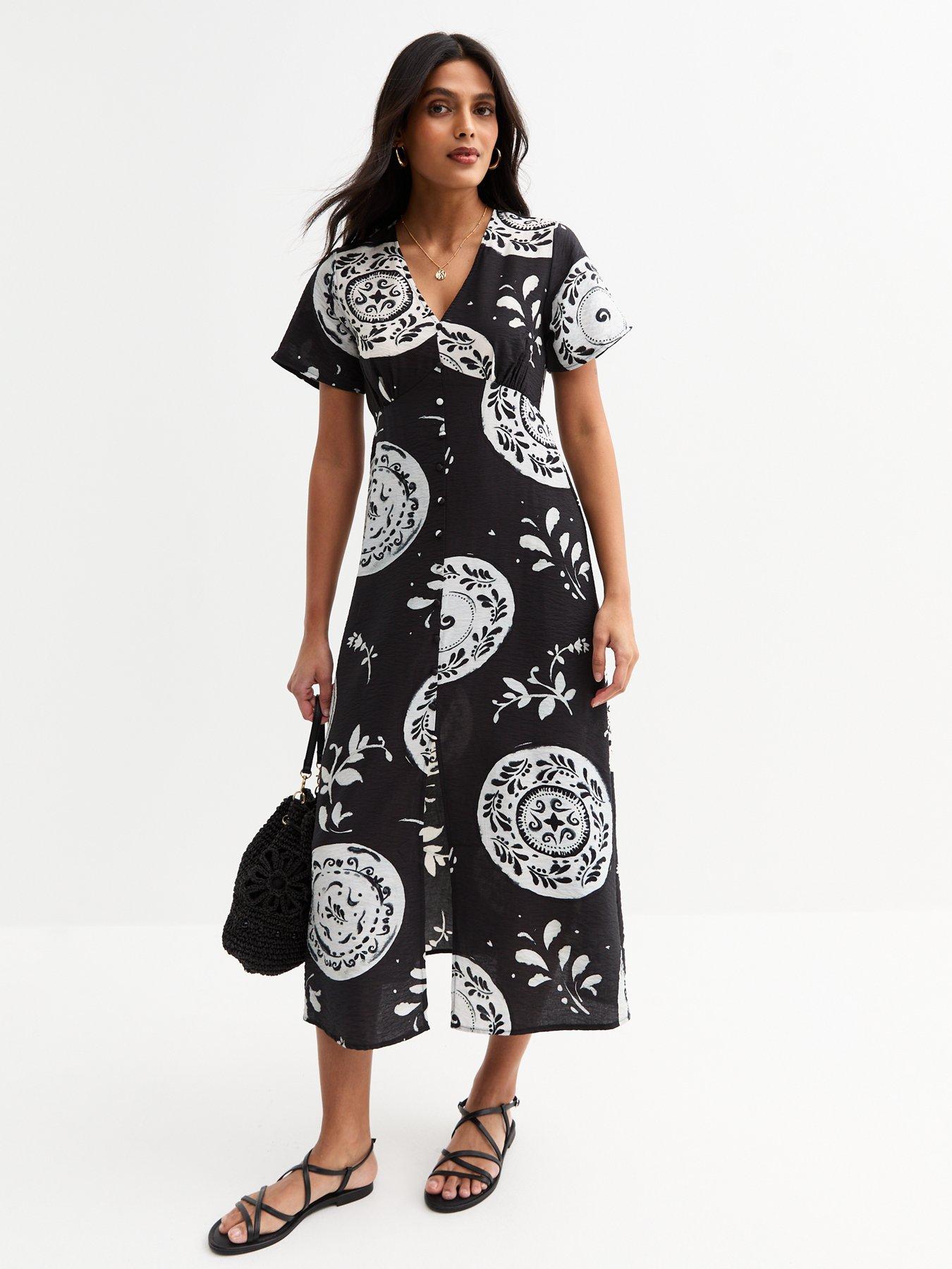 undefined Black Plate Print Button Through Midi Tea Dress