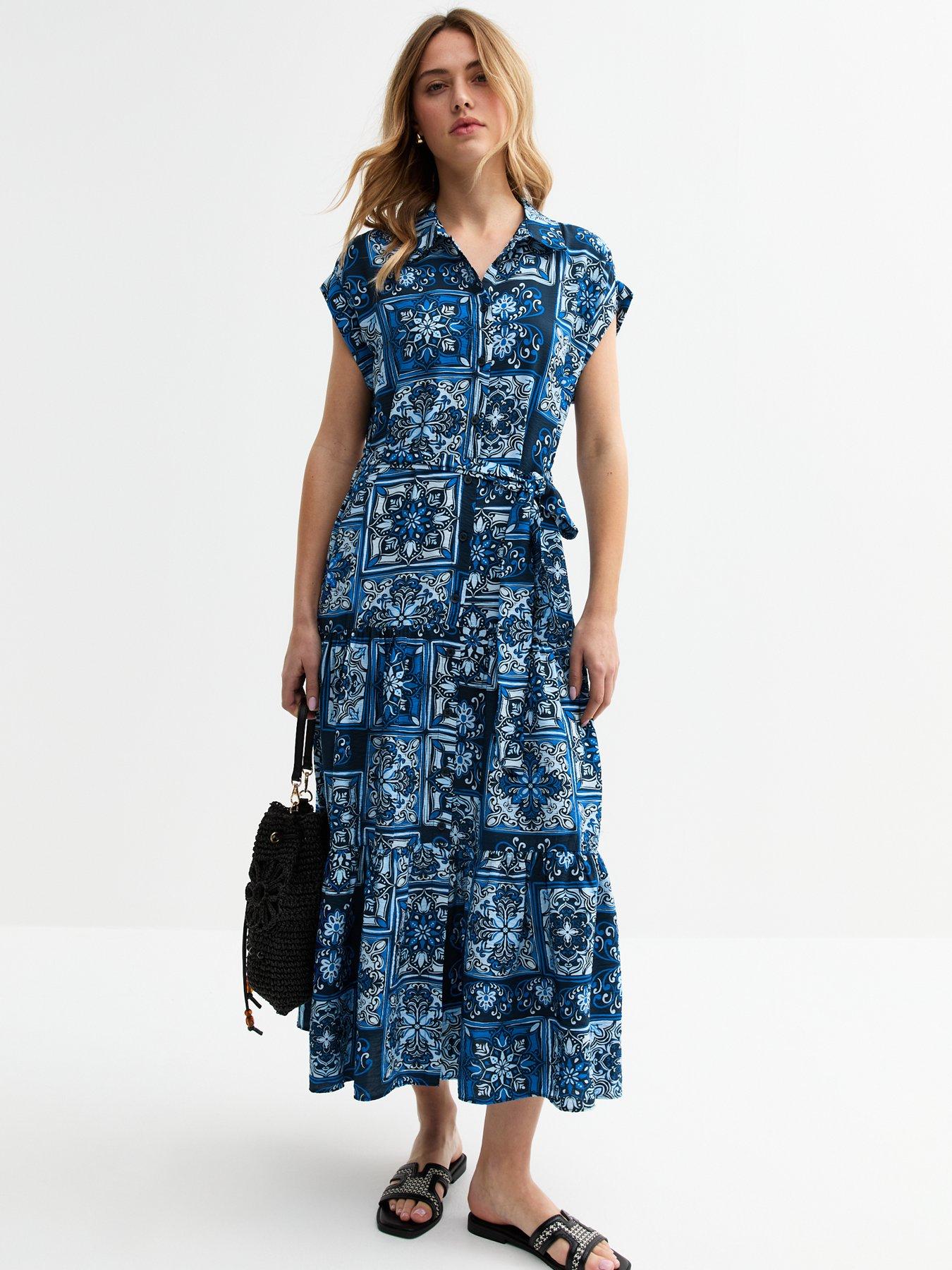 undefined Blue Tile Print Cap Sleeve Shirt Dress