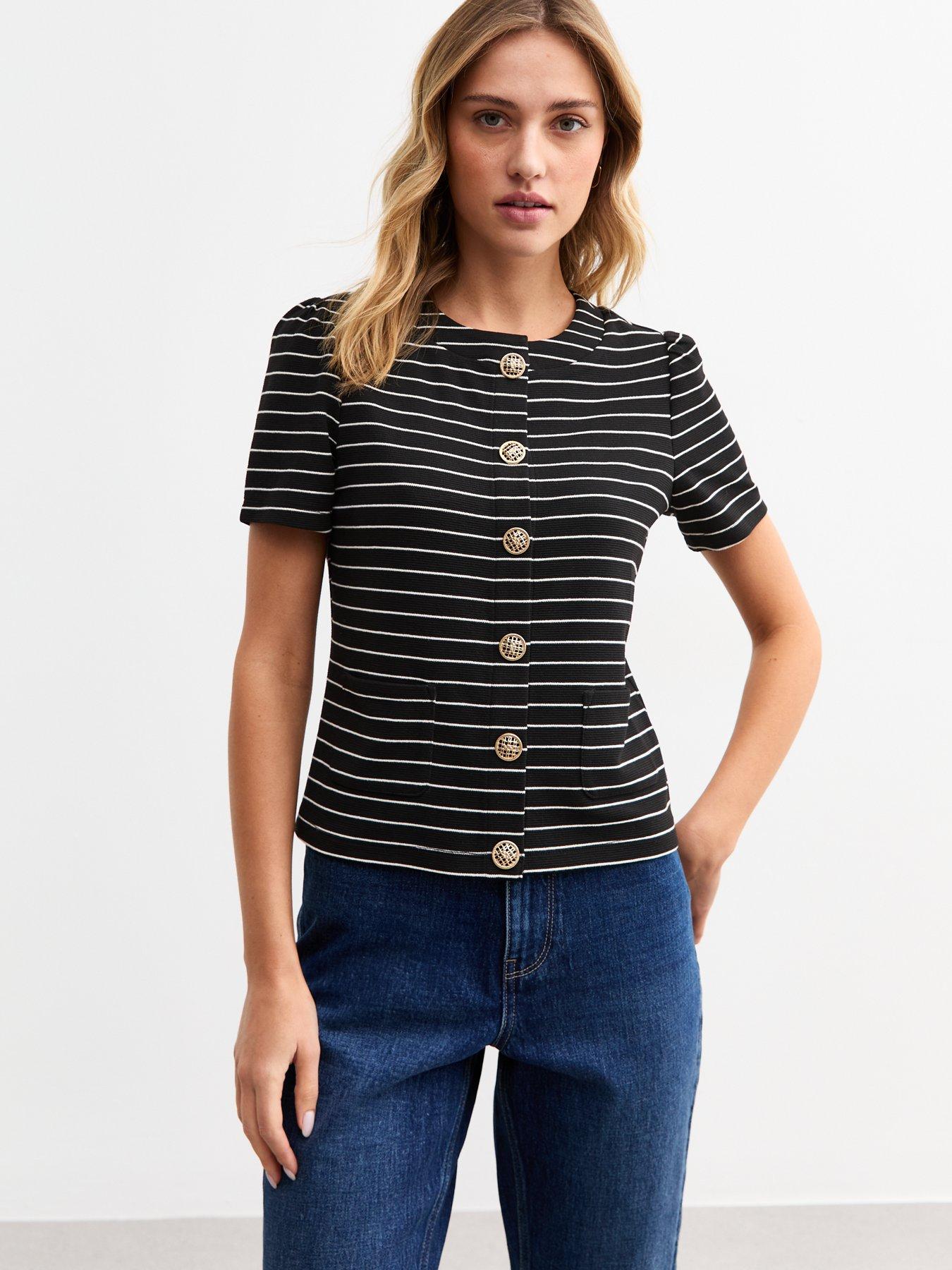 undefined Striped Textured Short Sleeve Cardigan - Black