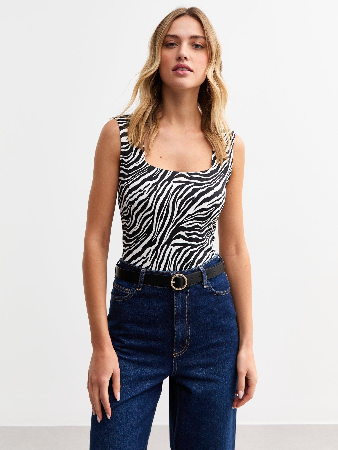 undefined Zebra Print Square Neck Bodysuit - Black