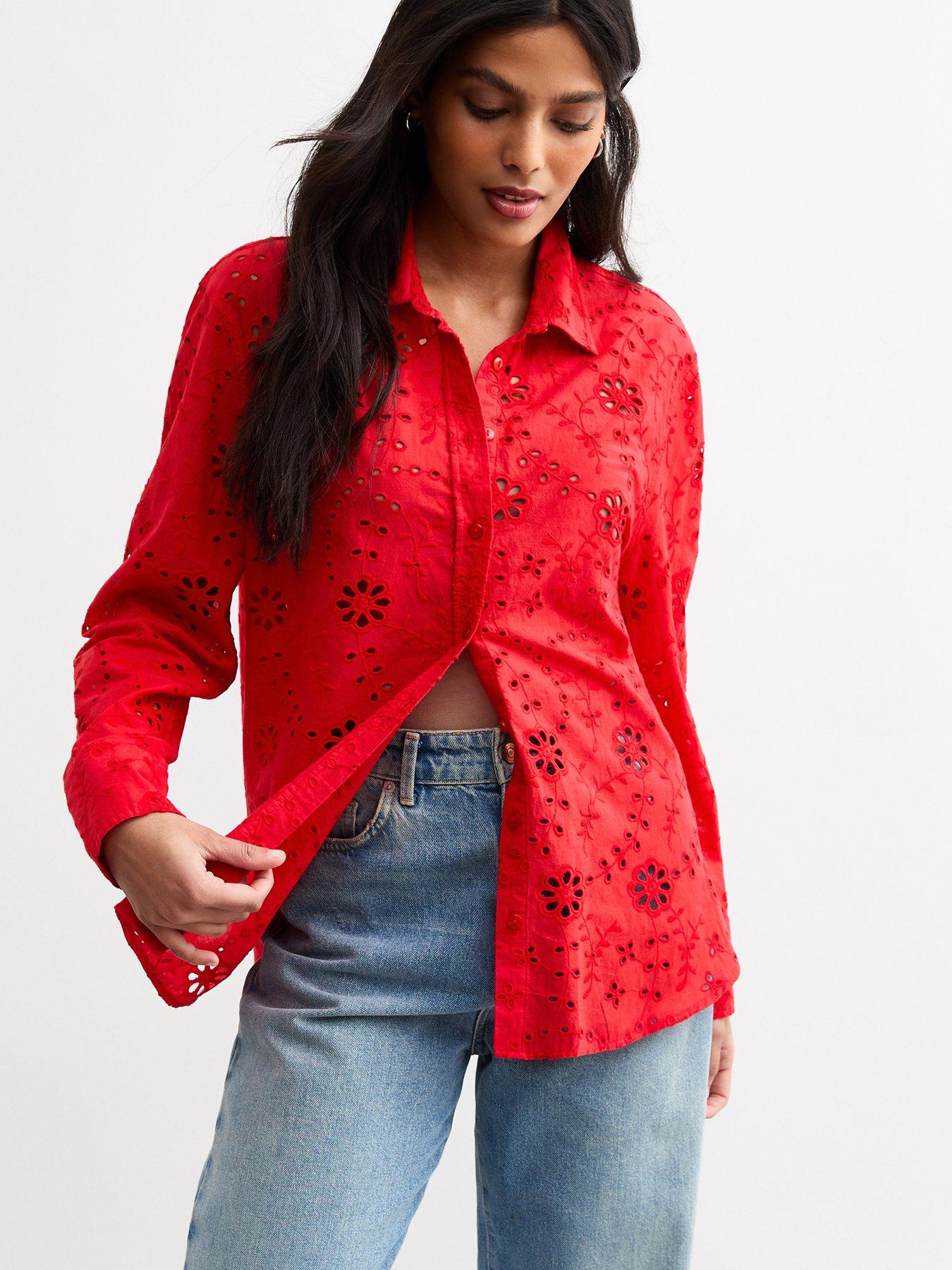 undefined Red Broderie Anglaise Long Sleeve Shirt