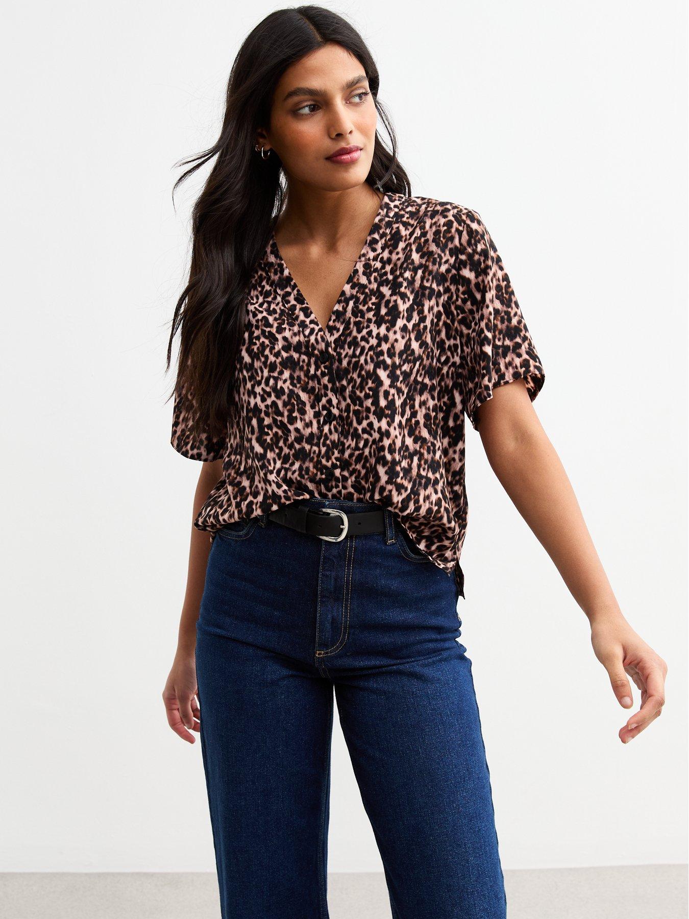 Image 1 of 5 of New Look Brown Leopard Print Button Front Top