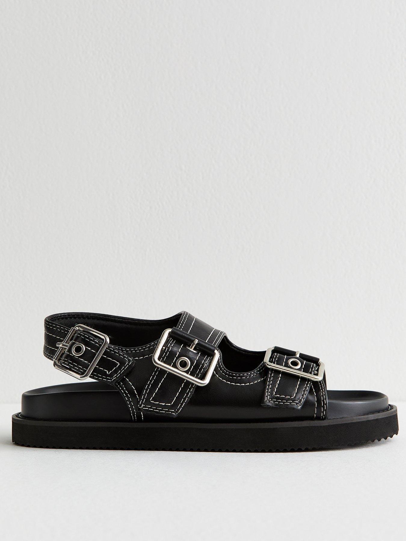 undefined Contrast Stitch Faux Leather Sandals - Black