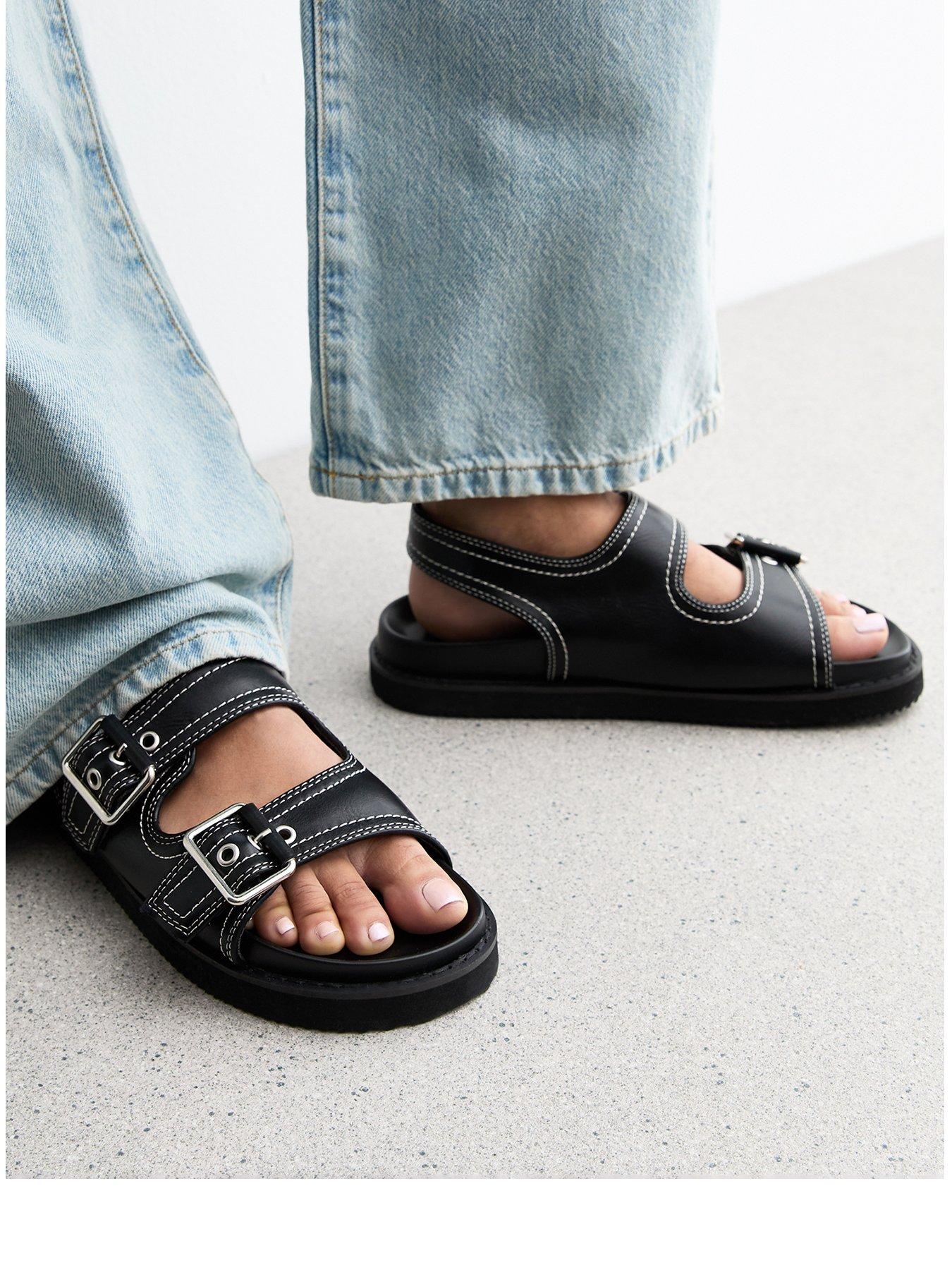Image 2 of 6 of New Look Contrast Stitch Faux Leather Sandals - Black