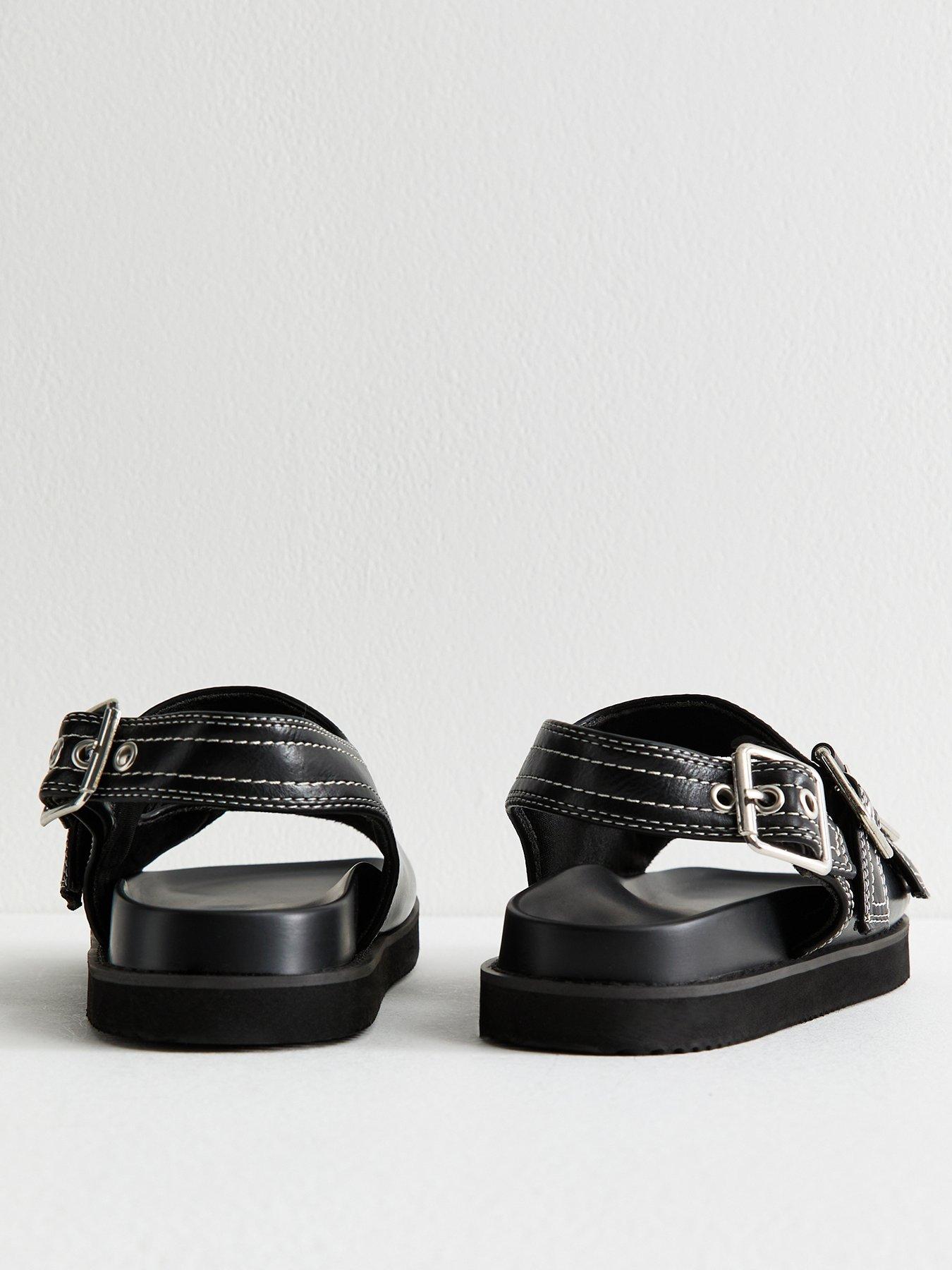 Image 3 of 6 of New Look Contrast Stitch Faux Leather Sandals - Black