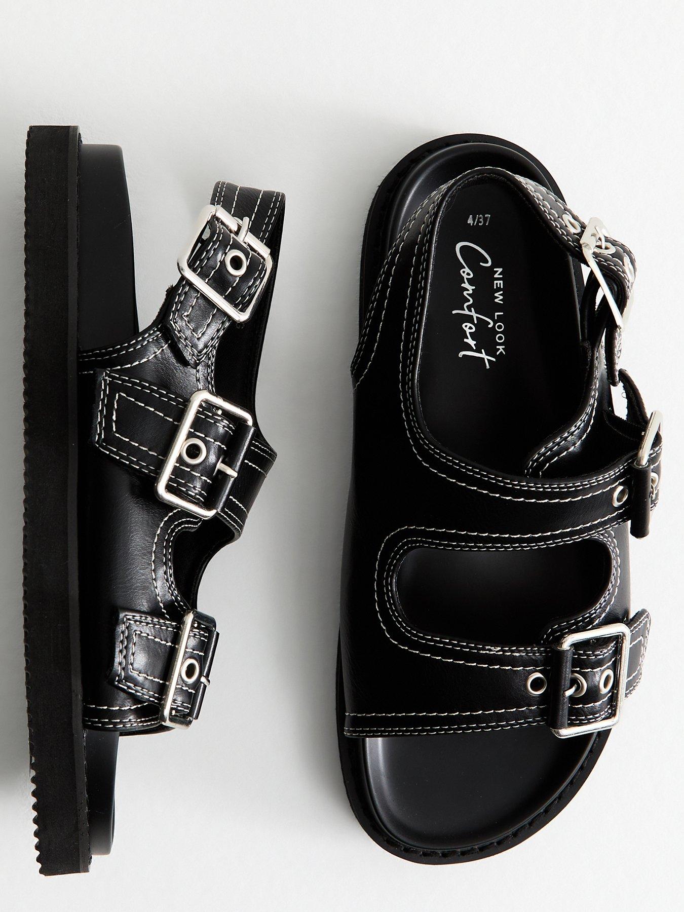 Image 4 of 6 of New Look Contrast Stitch Faux Leather Sandals - Black