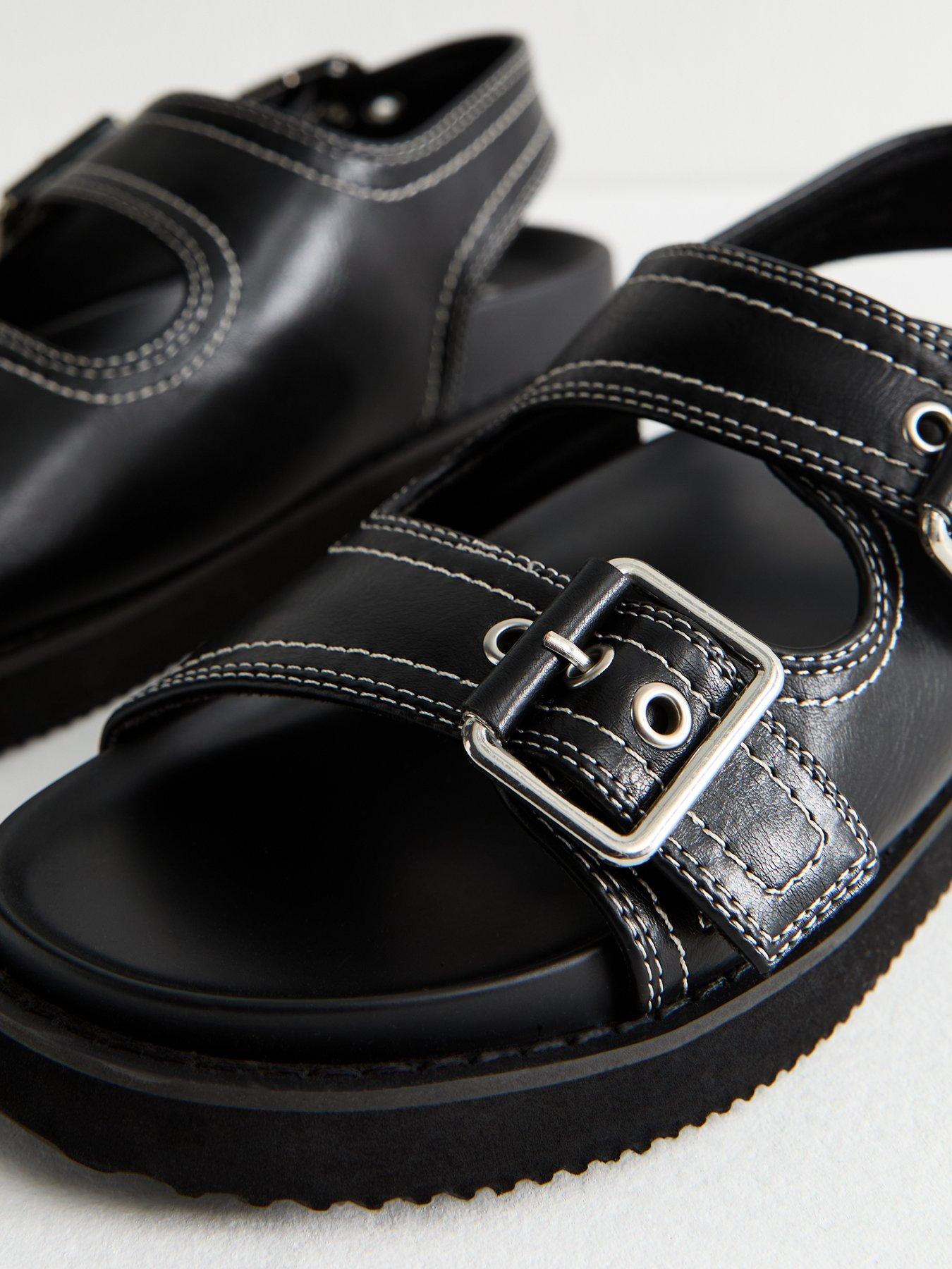 Image 5 of 6 of New Look Contrast Stitch Faux Leather Sandals - Black