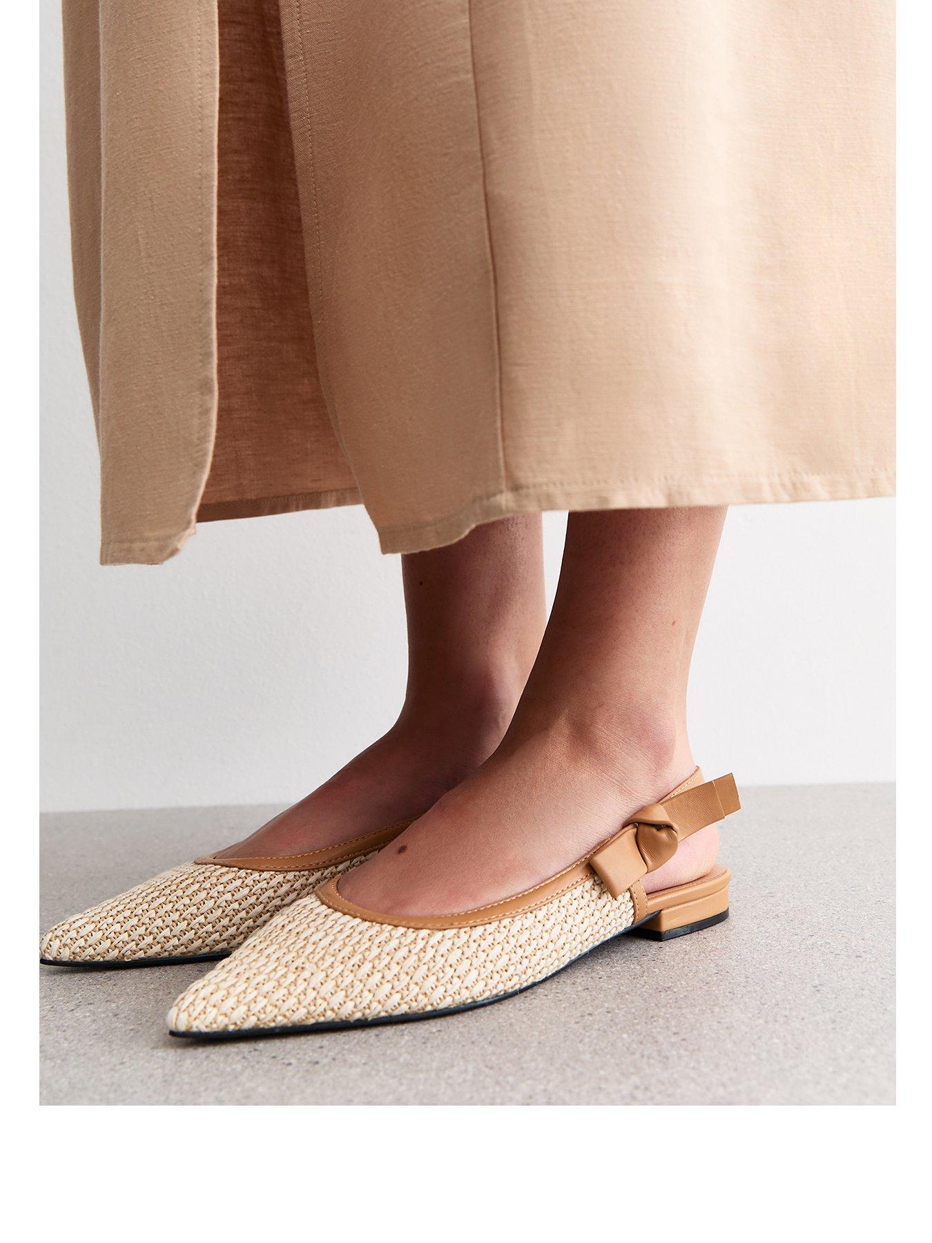 Image 2 of 6 of New Look Cream Raffia Look Slingback Flat Pumps