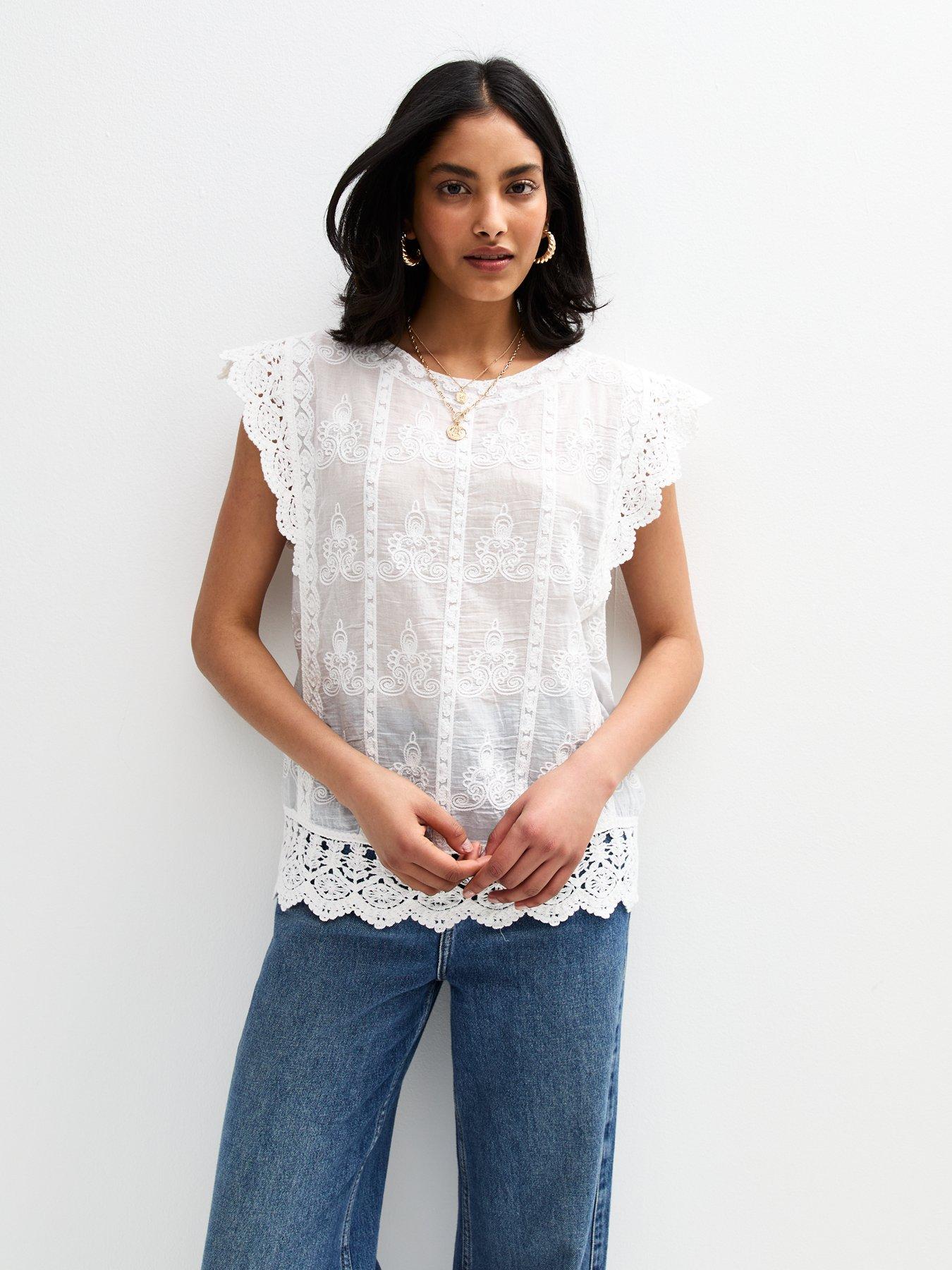 undefined White Crochet Detail Scallop Edge Blouse