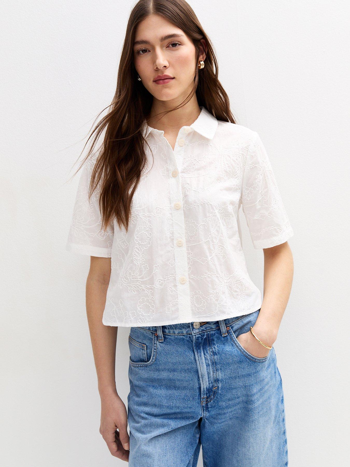 undefined Floral Jacquard Embroidered Short Sleeve Shirt - White