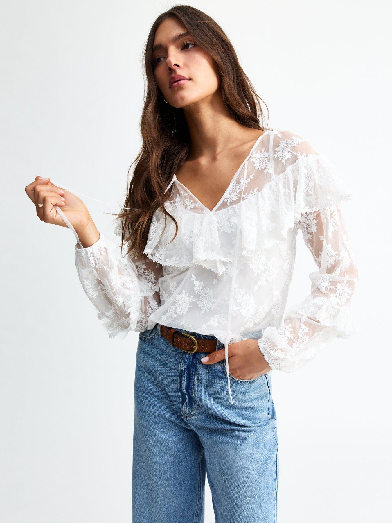 undefined White Floral Embroidered Lace Mesh Blouse