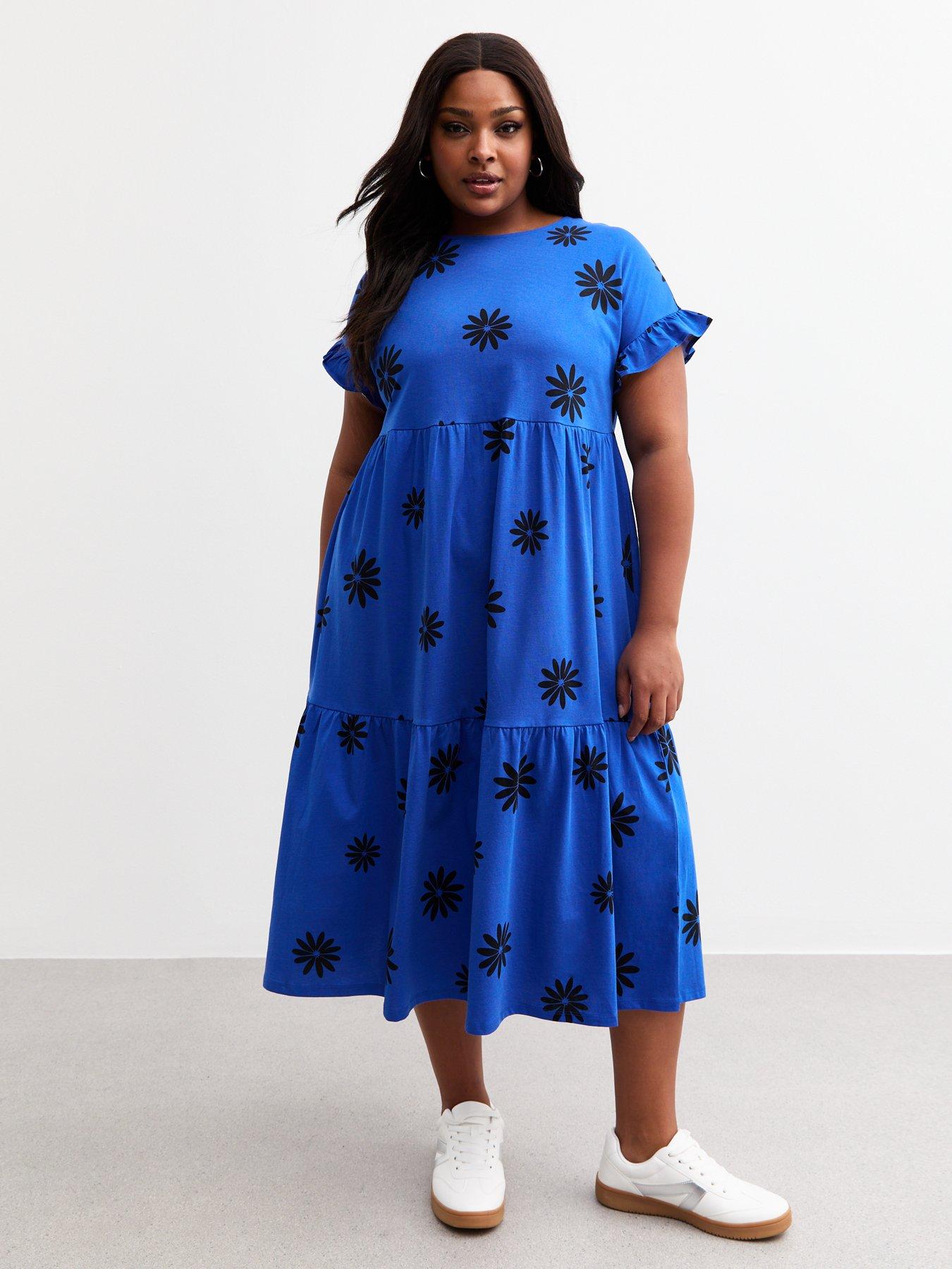undefined Curves Blue Daisy Print Jersey Midi Dress