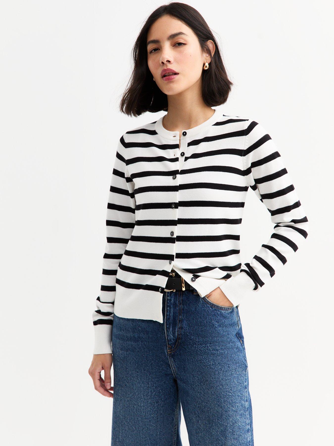 undefined White Striped Crew Neck Cardigan