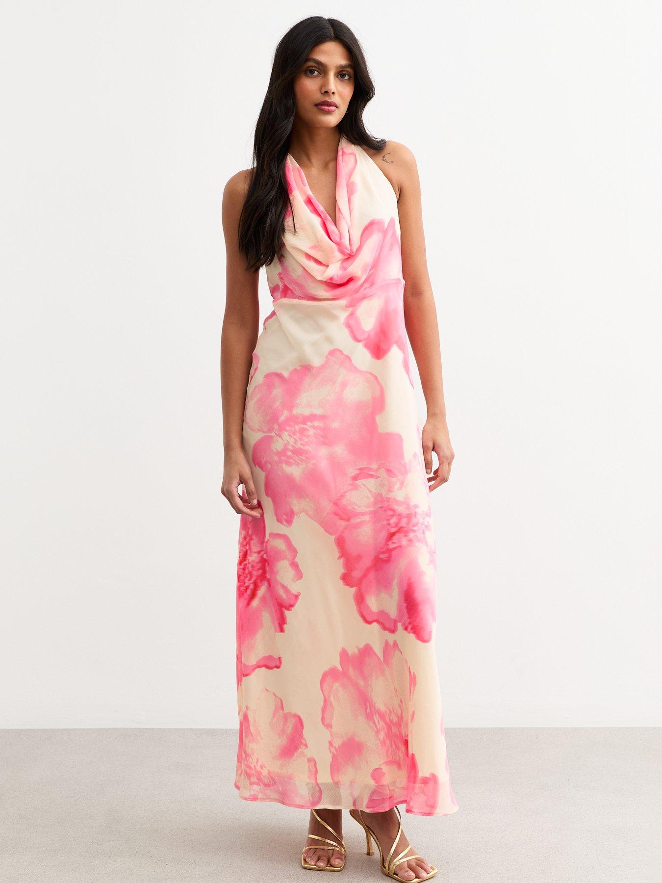 undefined White Floral Print Halterneck Chiffon Midi Dress