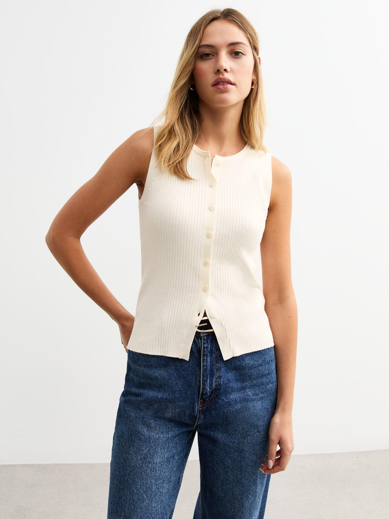 undefined Rib Knitted Button Up Vest - Cream