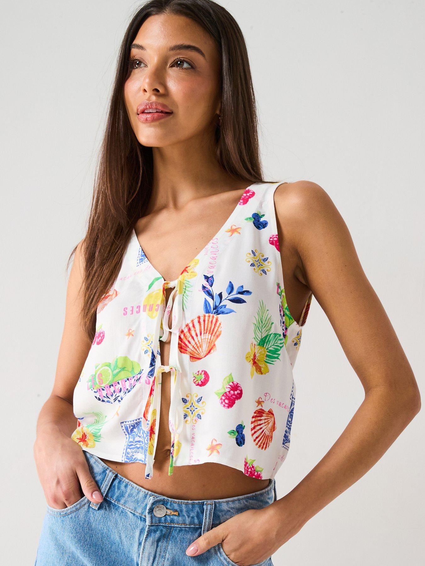 undefined Tie Front Summer Print Top - White