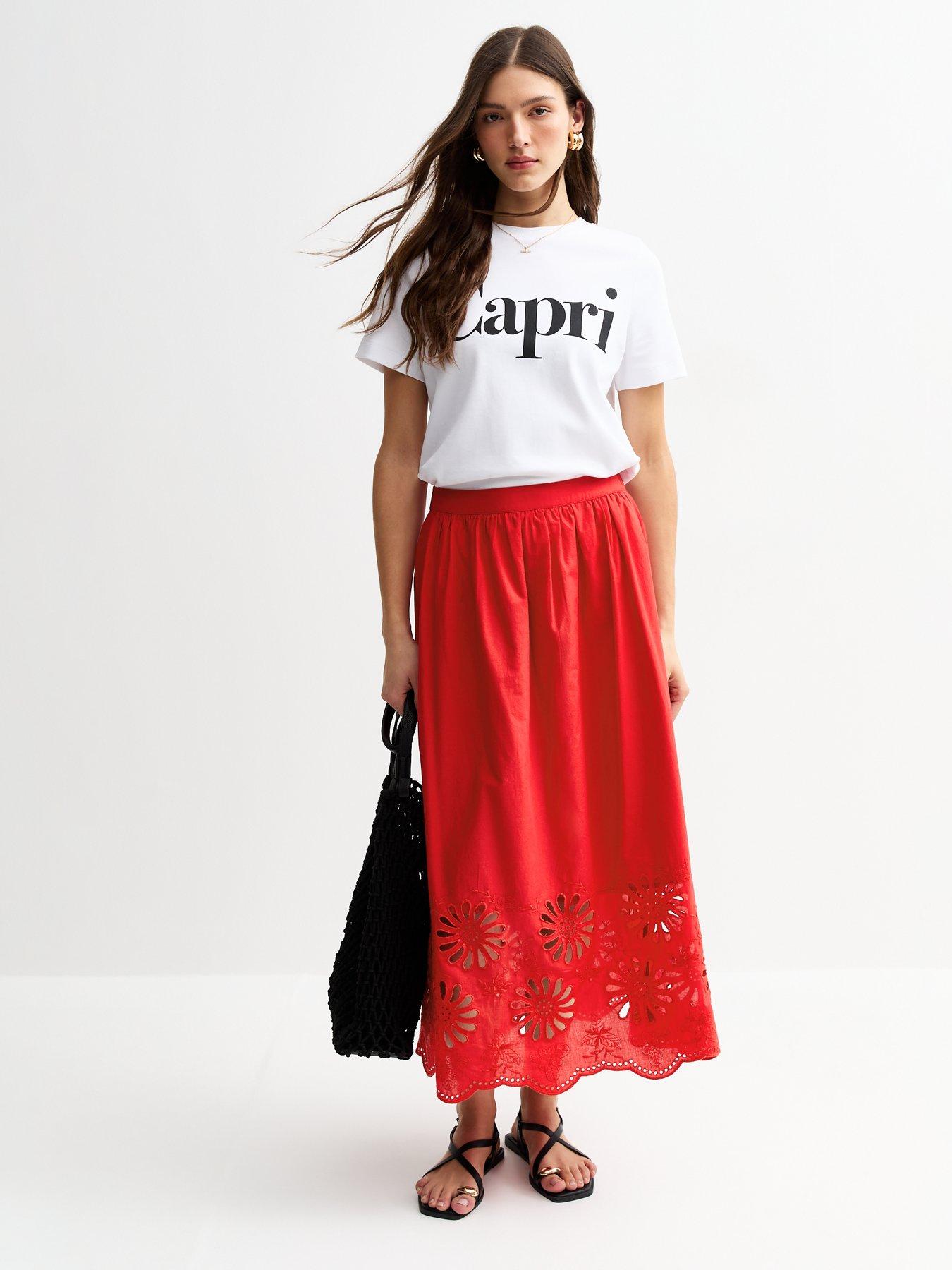undefined Red Embroidered Cutout Hem Midi Skirt