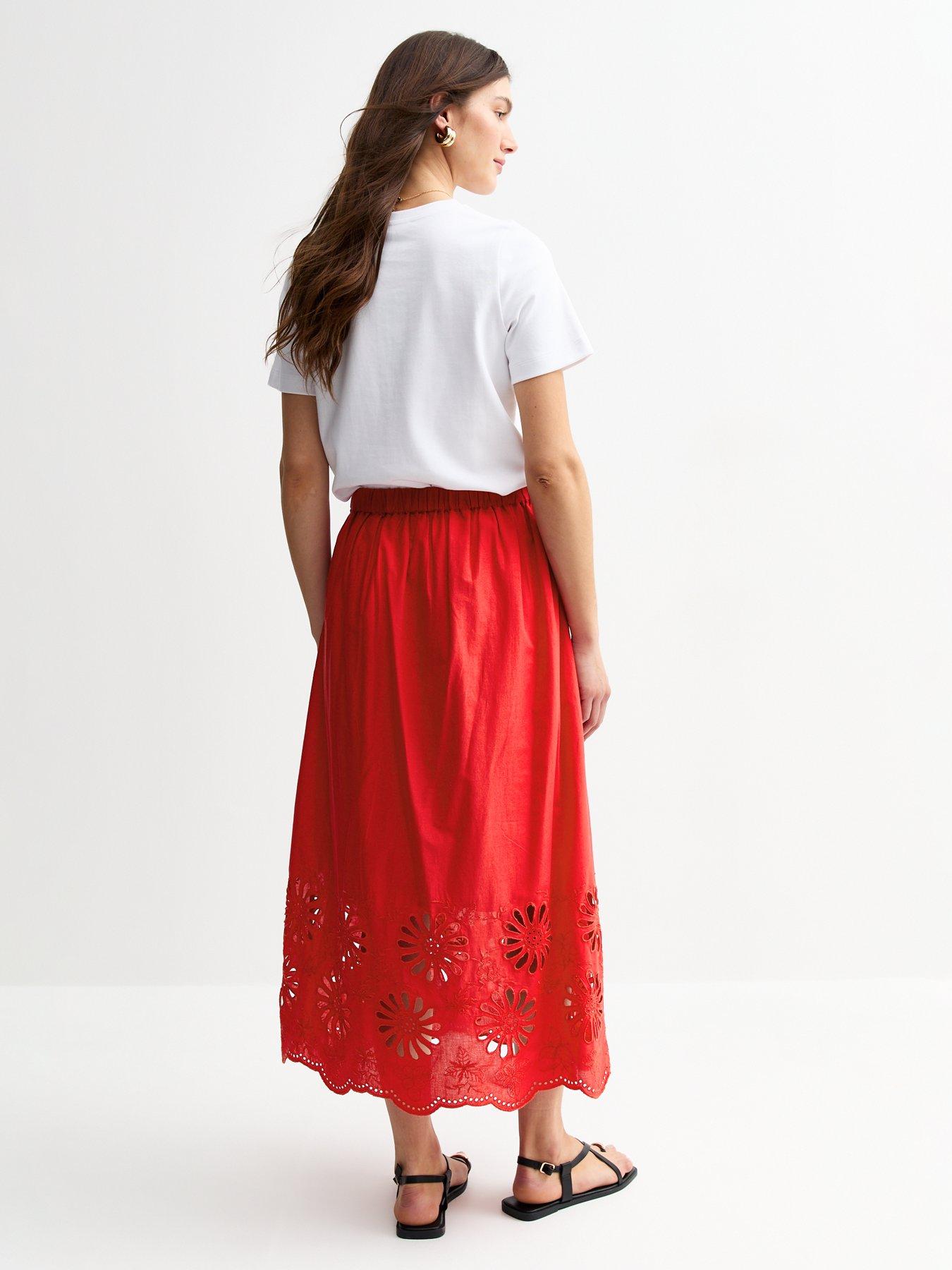 Image 2 of 5 of New Look Red Embroidered Cutout Hem Midi Skirt