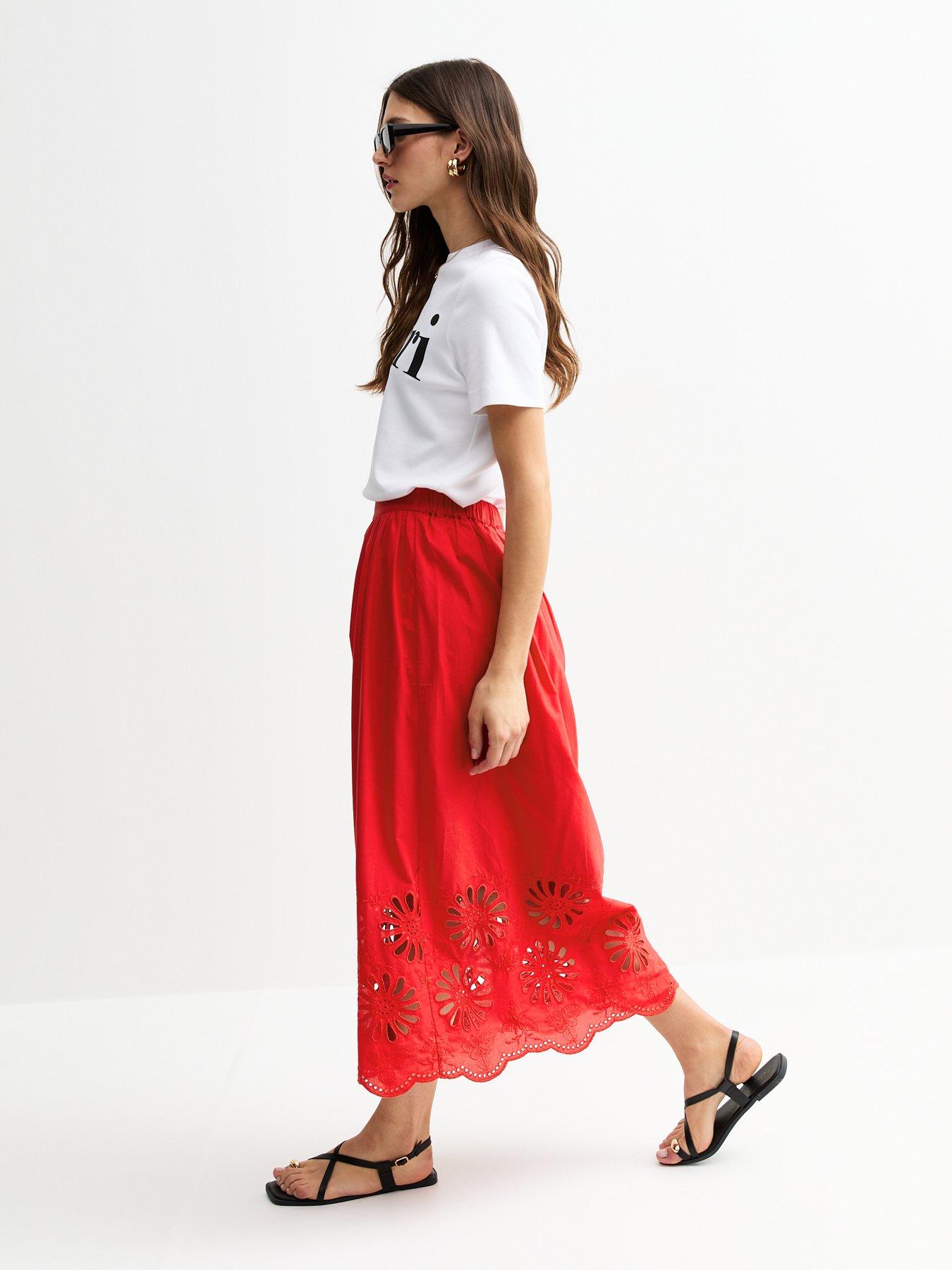 Image 3 of 5 of New Look Red Embroidered Cutout Hem Midi Skirt